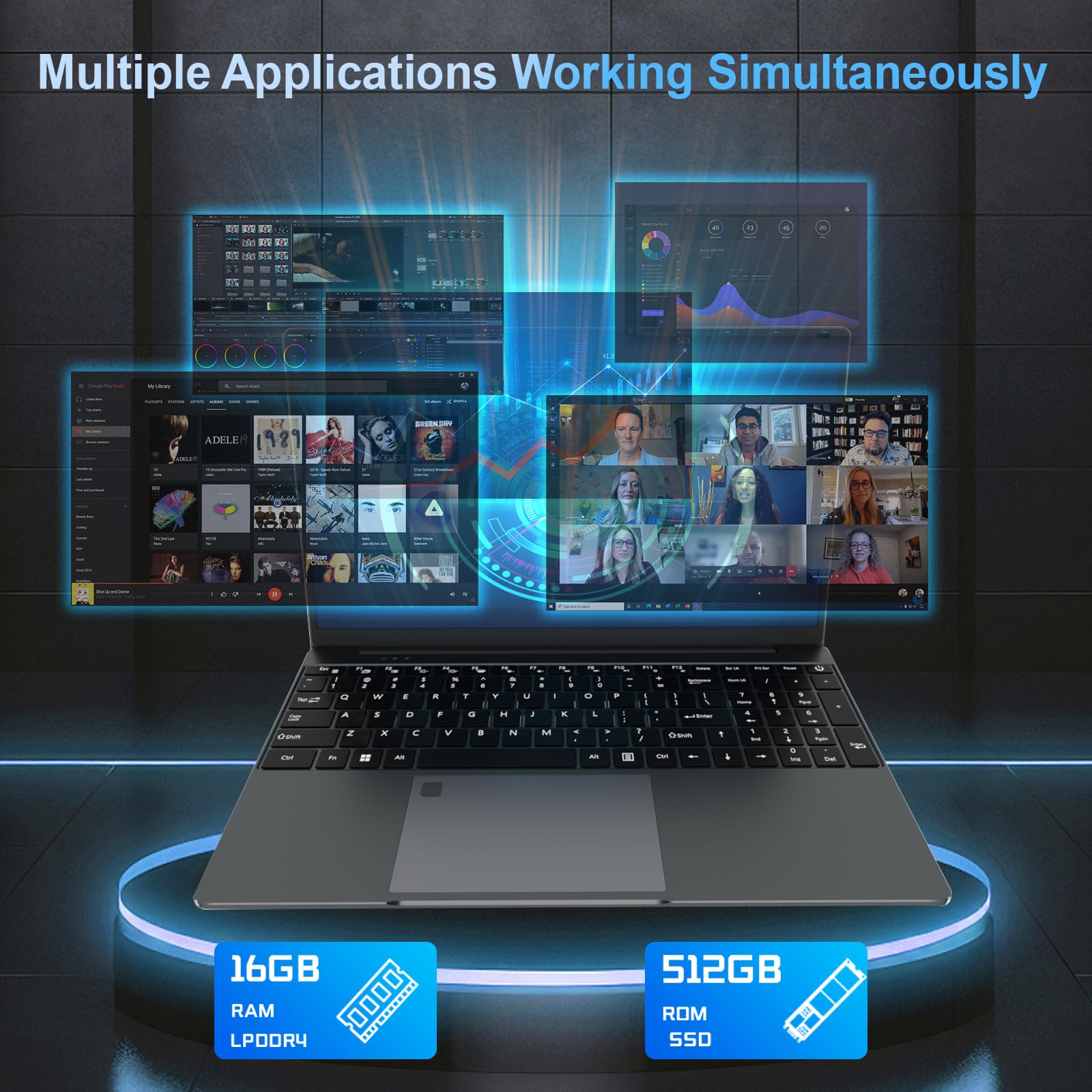 PC portatile 15,6 pollici 16 GB RAM 512 GB SSD Celeron N5095, laptop FHD 1920 x 1080, WiFi Bluetooth, lettore di impronte digitali, laptop desktop per studio e lavoro, tastiera AZERTY con pellicola