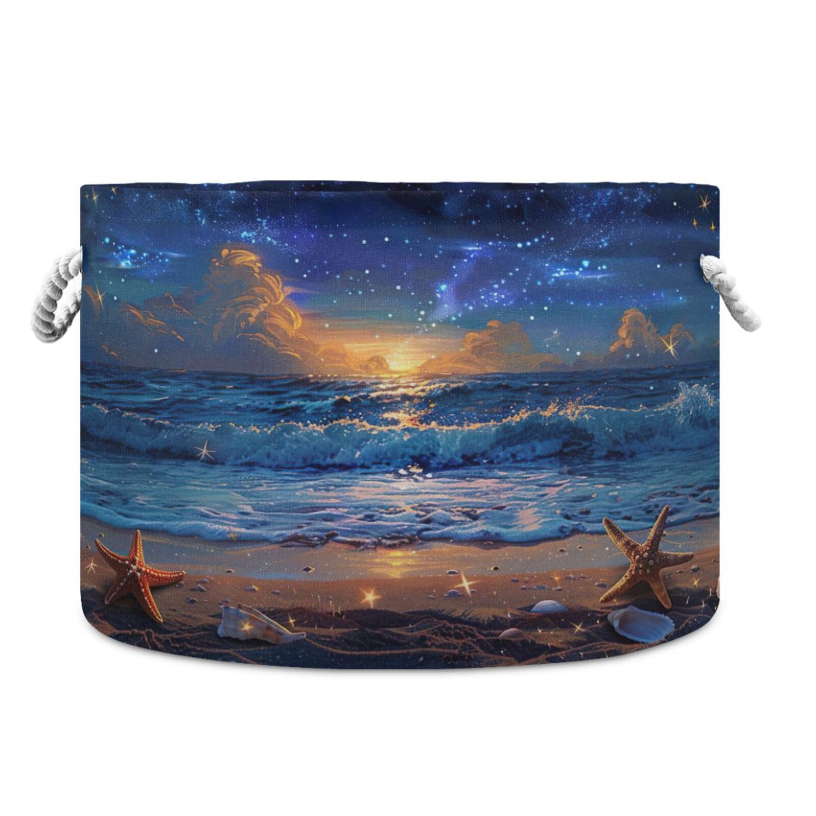 Round Night Beach Starfish Shell Golden Sand Storage Basket Large Organizer Bin Laundry Hamper Toy Storage Basket with Handle for Nursery Clothes Toys 202b3956