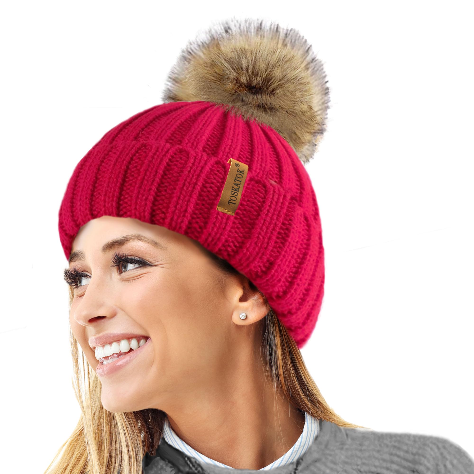 Toskatok Women's Red Toskatok® Warm Winter Hat Woolly Knitted Beanie With Detachable Chunky Faux Fur Bobble Pom Pom