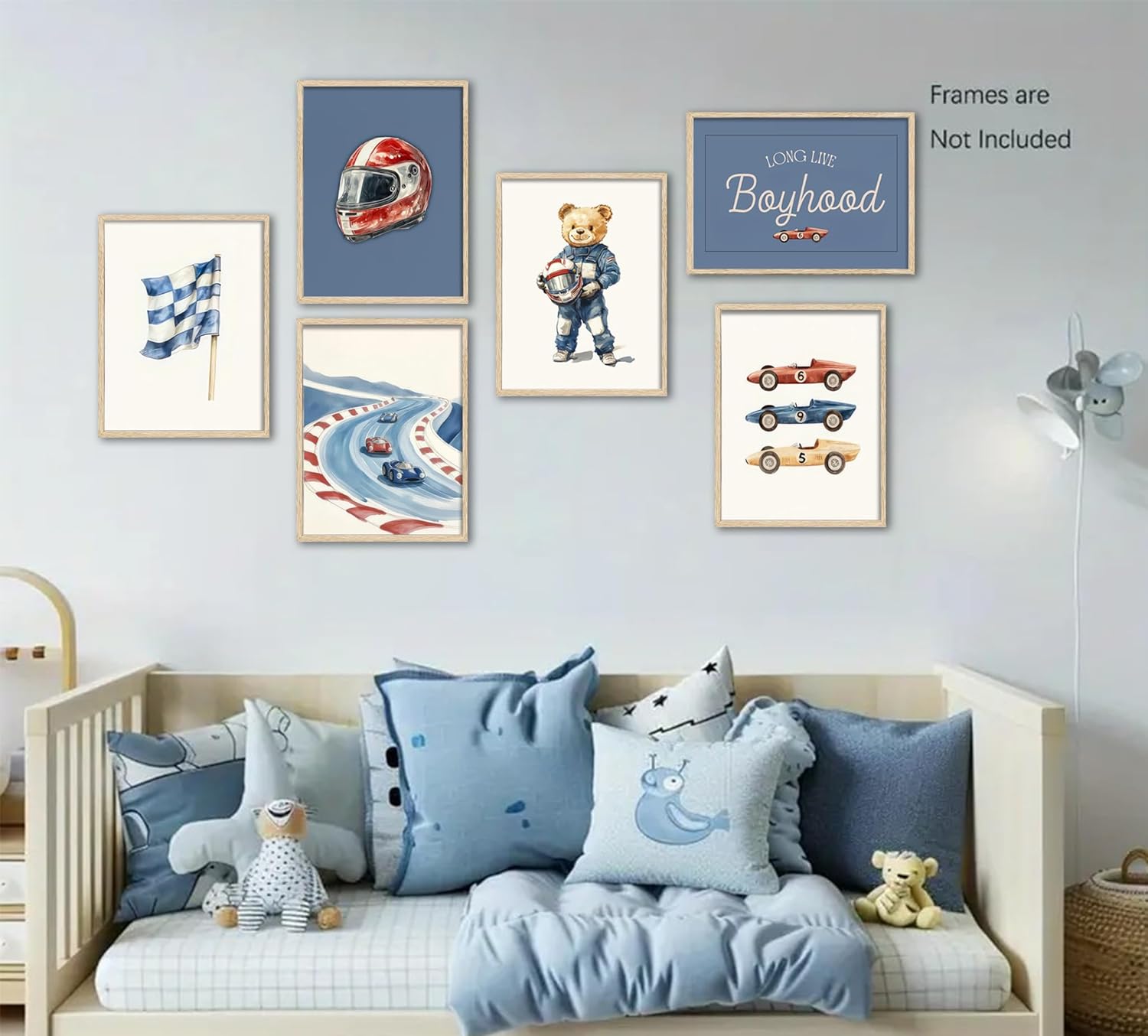Set of 6 Nursery Race Car Wall Art Vintage Boys Room Wall Decor Navy Blue Vehicle Pictures Teddy Bear Poster Prints Racing Car Art for Boys Bedroom Playroom Home Decoration 12x16Inch Unframed