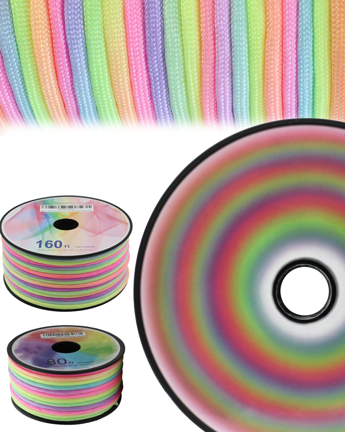 Fashion Lab Rainbow Soft Cord 7 Strands 4 Mm 3/16” Nylon Paracord Dip-Dye Nylon Cord 160Ft 320Ft Outdoor Cord Hiking Ropes Camping Rope Pastel Ropes Tie-Dye Ropes Bracelet Ropes (10628)