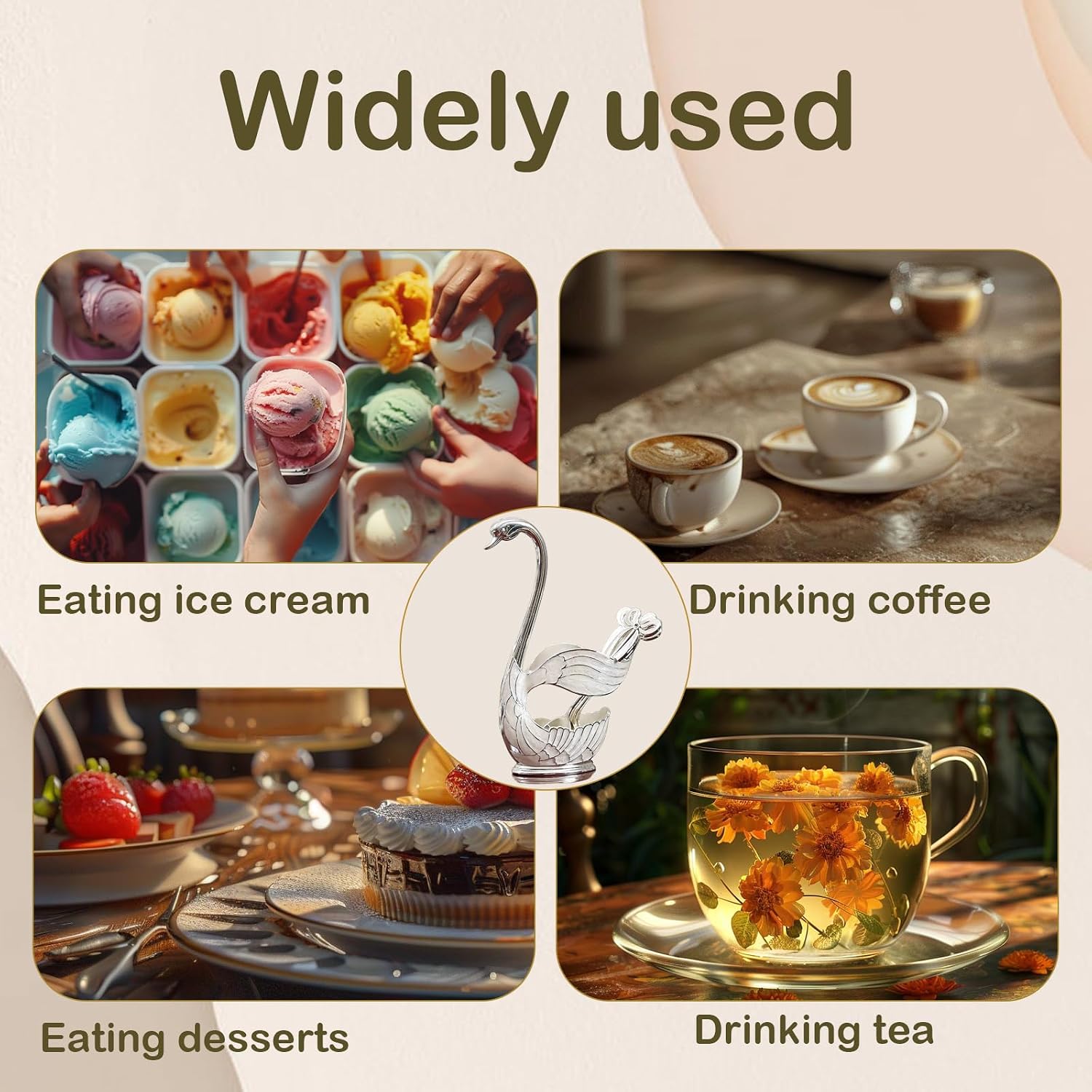 Decorative Gold Swan Base Holder with 6pcs Coffee Spoon Set - Creative Dessert Spoons,Silver image 4