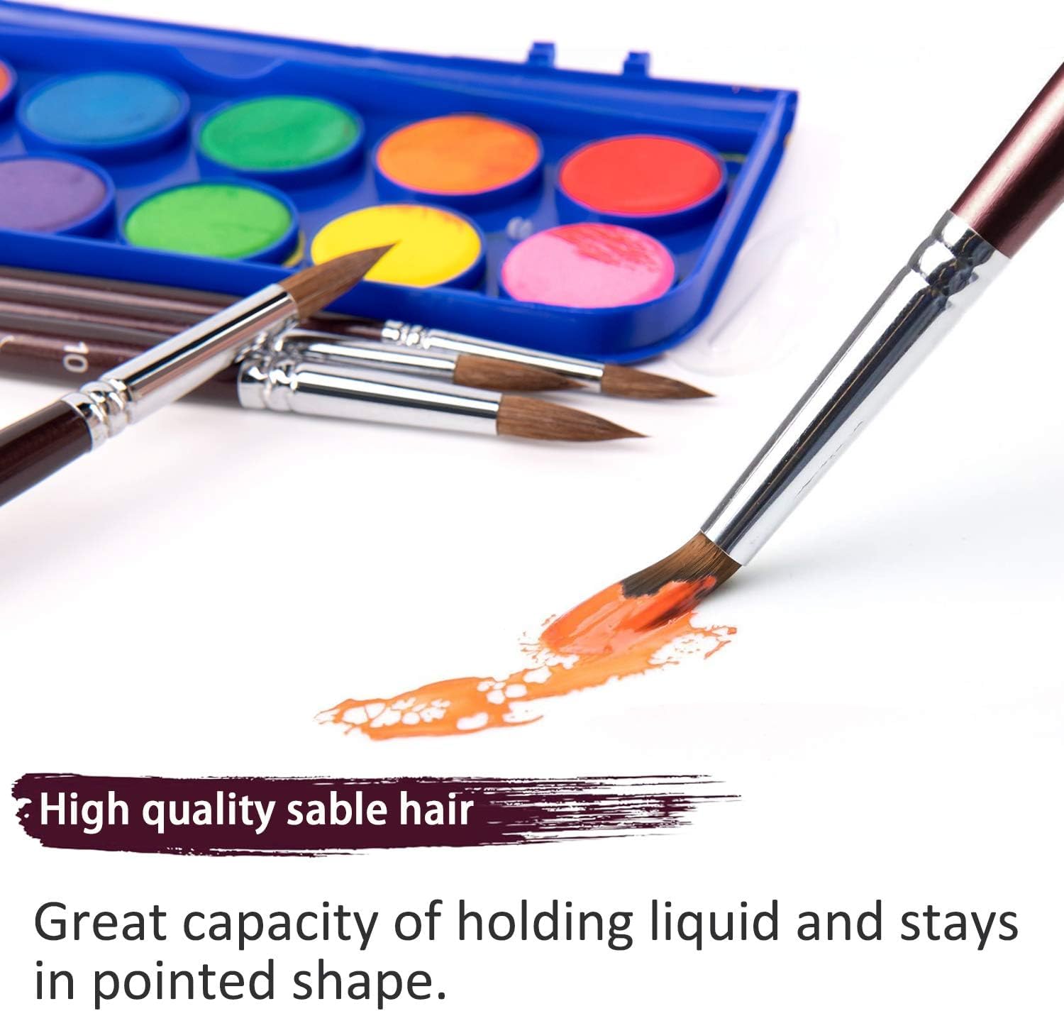 Aquarelkwastenset, professioneel, 6-delig, hoogwaardige rode marter, kunstenaarskwast met ronde kwast en platte kwast, perfect voor aquarel, waterverf, ronde kwast, platte kwast, aquarel, echt haar