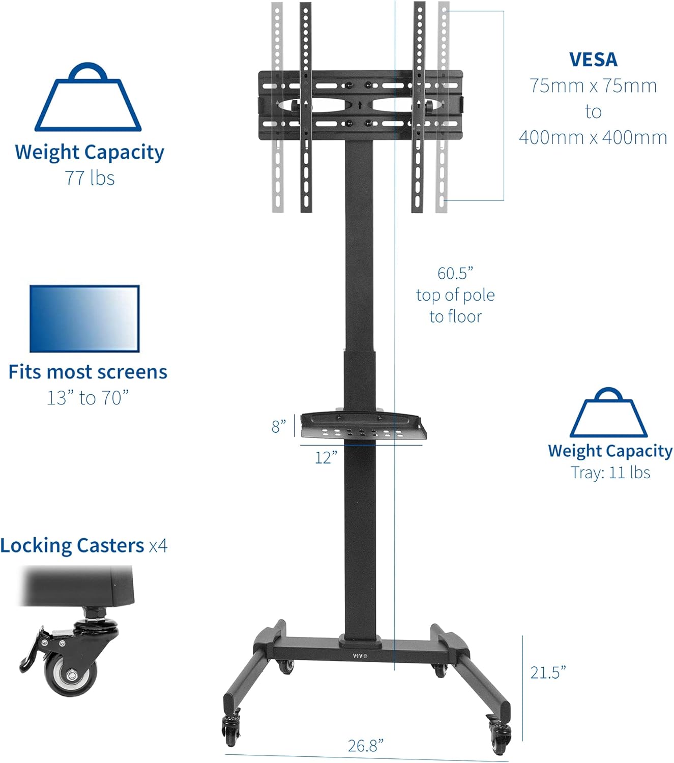 VIVO Mobile TV Cart for 13 to 70 inch Screens up to 77 lbs, LCD LED OLED 4K Smart Flat and Curved Panels, Rolling Stand, Laptop DVD Shelf, Locking Wheels, Max VESA 400x400, Black, STAND-TV05L : Office Products