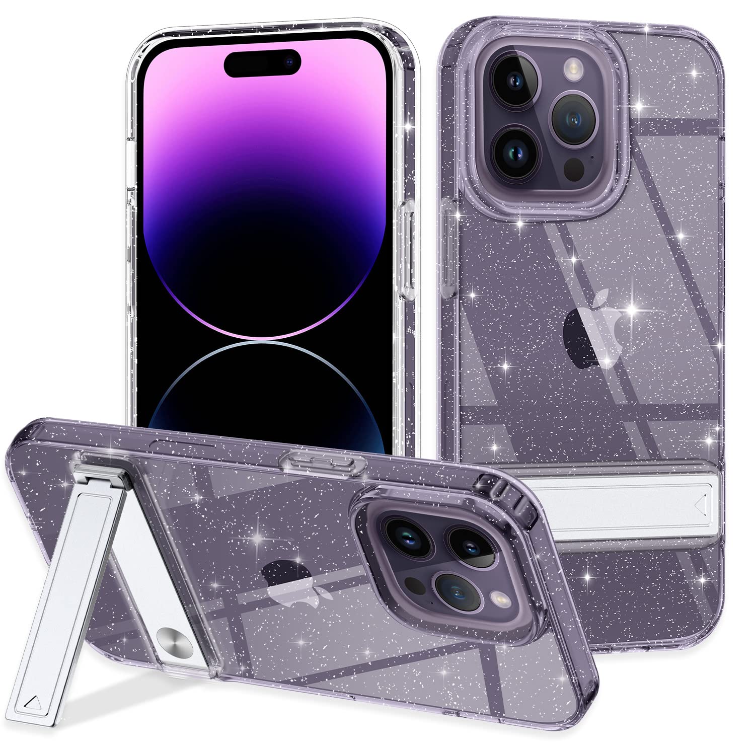 Btscase for iPhone 14 Pro Max 6.7 Inch Case, with Adjustable Metal Kickstand, Crystal Clear Soft Flexible TPU Slim Shockproof Drop Protective Girls Women Men Cover for iPhone 14 Pro Max (2022),Glitter