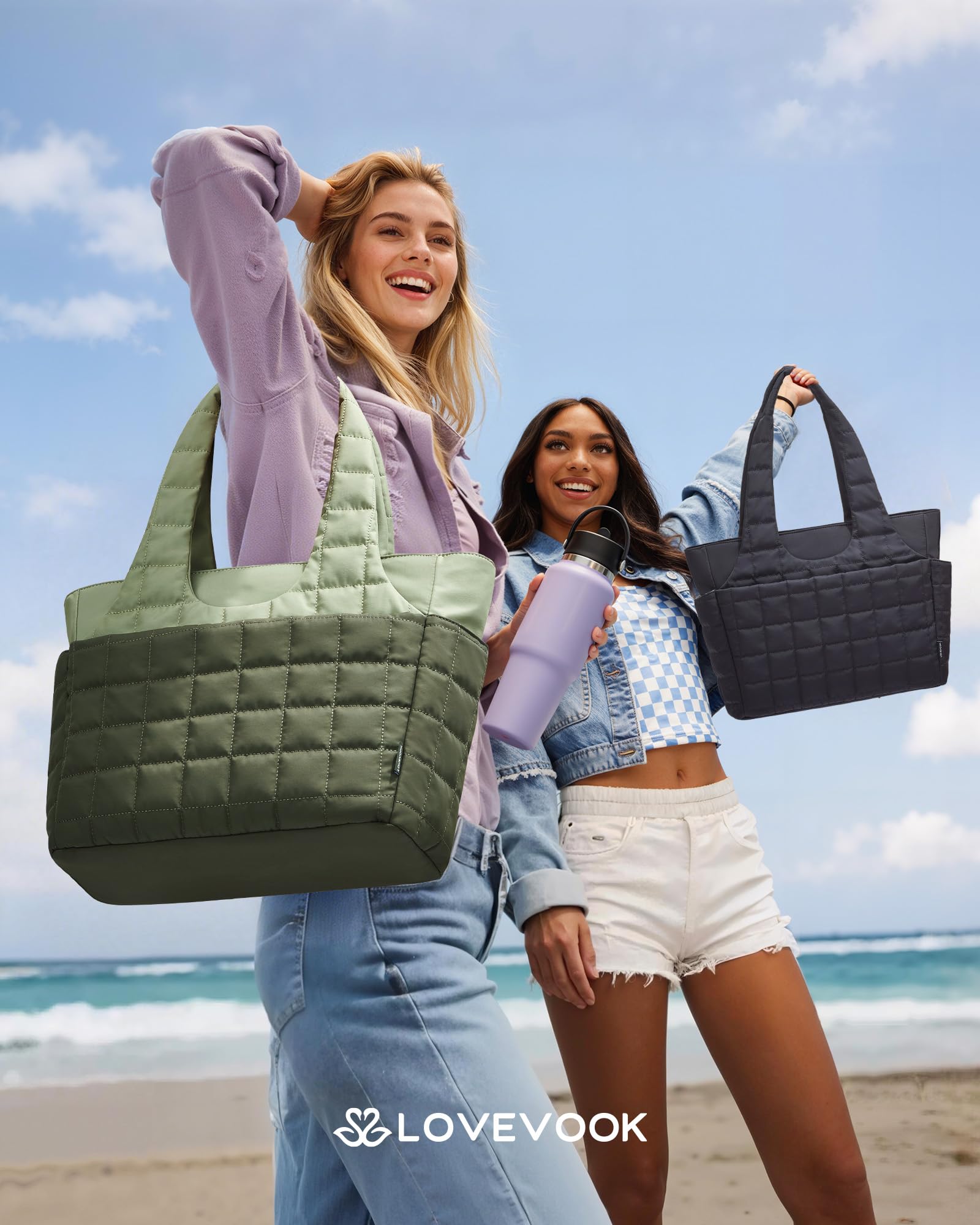 LOVEVOOK Puffer Handtasche Damen Groß, 15,6 Zoll Laptoptasche Shopper Tasche mit Wasserflaschenfach, Leichte Arbeitstasche Schultertasche für Arbeit, Uni & Reise