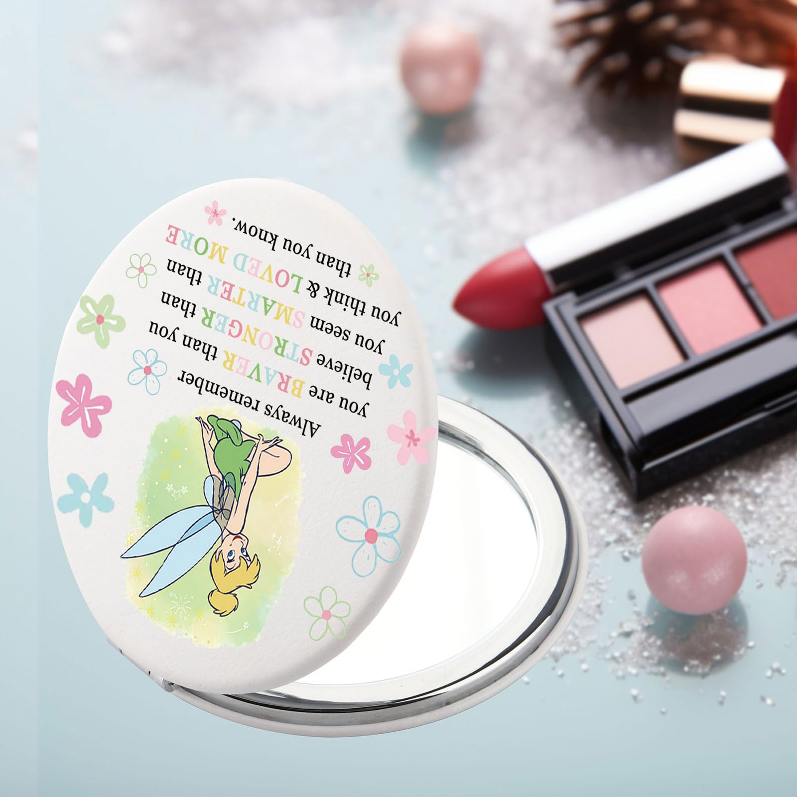 FEELMEM Make-up-Spiegel Mit Tinker Bell & Motivspruch – Doppelseitig (Standard & Vergrößerung) | Kleiner Kosmetikspiegel Zum Mitnehmen