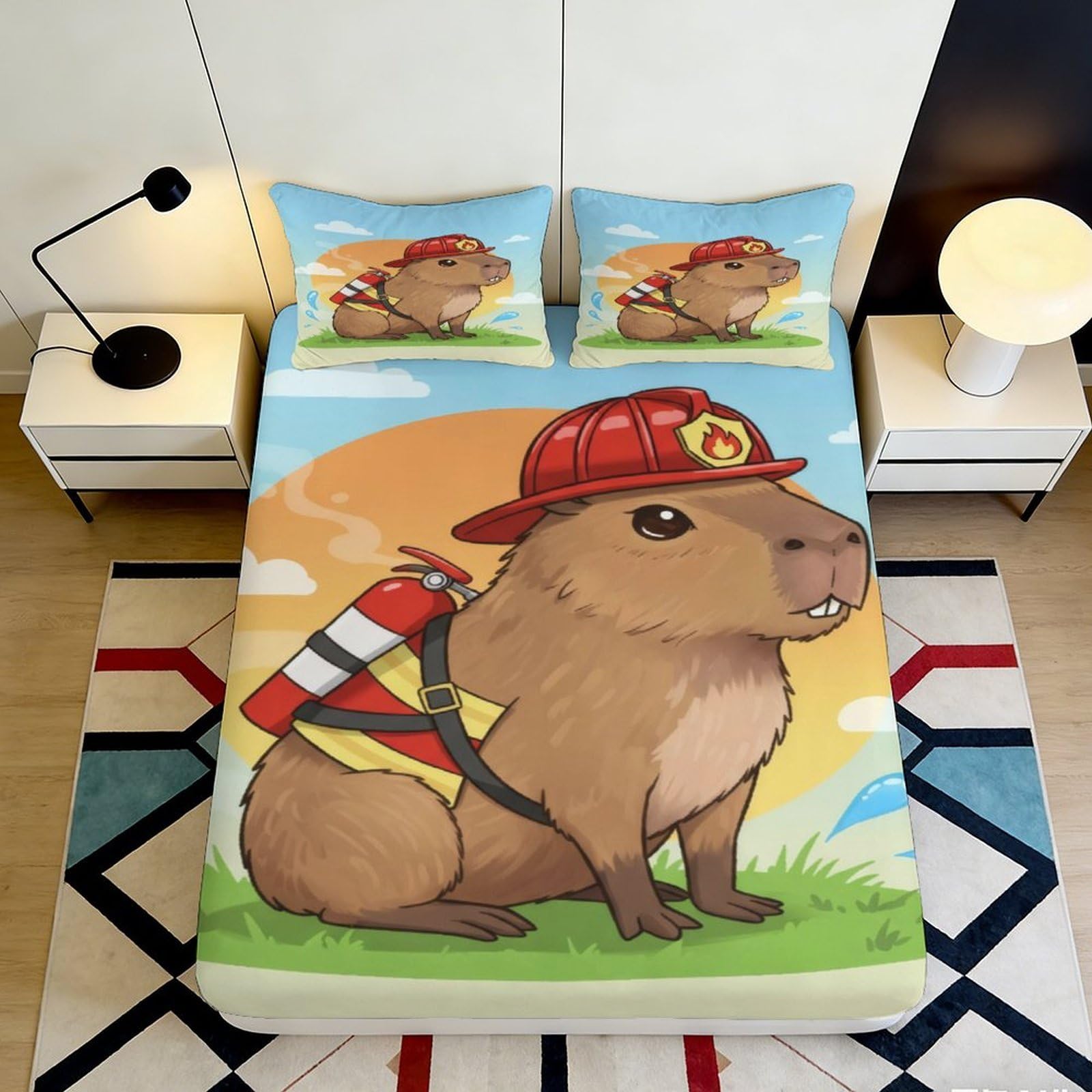 3D Printed Firefighter Capybara Fitted Sheet Microfiber Soft Breathable Cartoon Animal Bed Cover for Bedroom Dormitory Guest Room Mattress Protection Decor 180x200x25cm