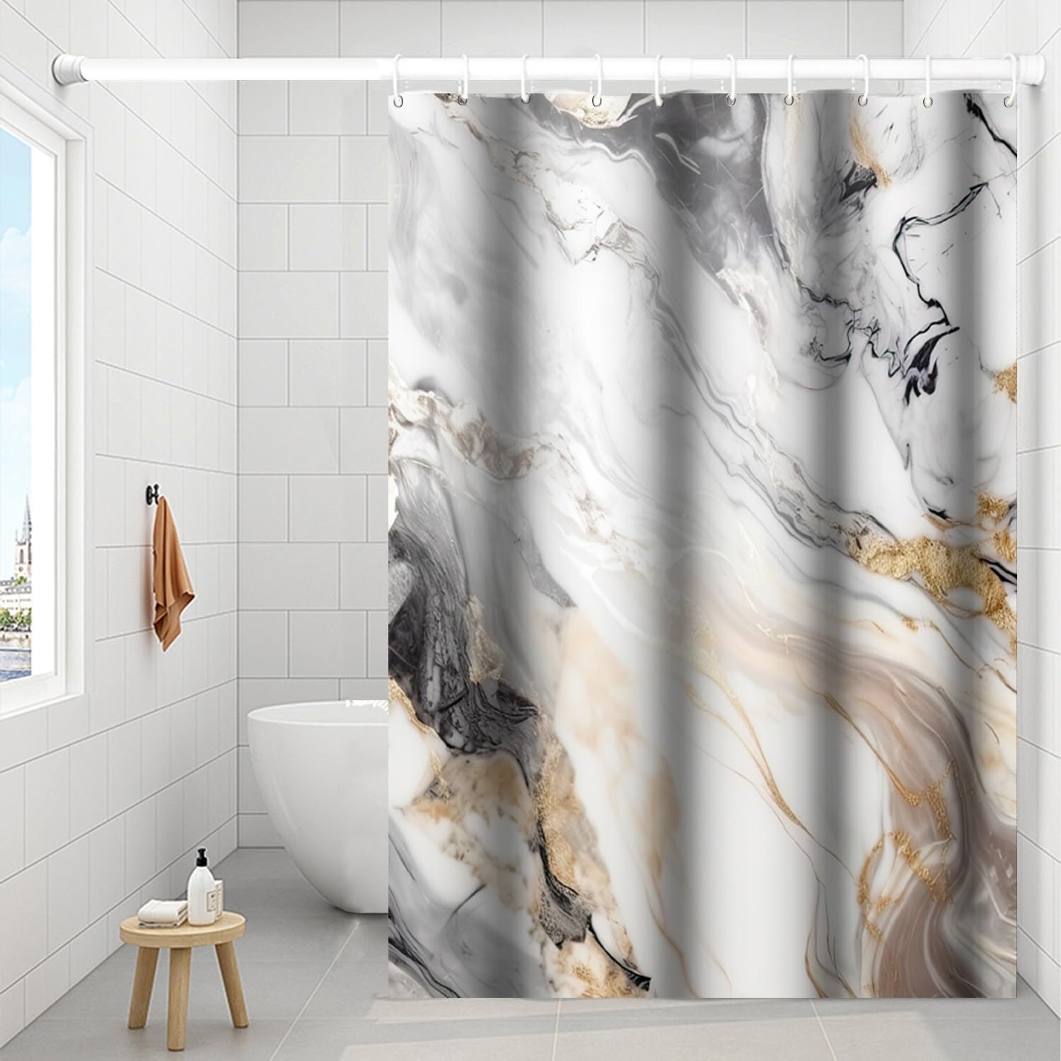 Marble Shower Curtain 72x72 inches for Bathroom Abstract White Ink Watercolor Bathtub Room Partition Hotel Decoration Modern Grey Waterproof Fabric Shower Curtains Set with Hooks