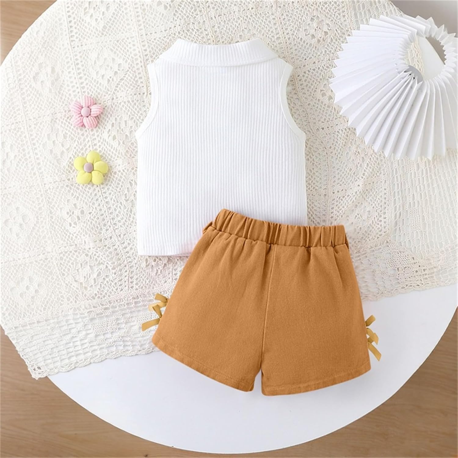 Summer Tank Two Piece for Girls Sleeveless V-Neck Lapel Tank Top High Elastic Bow-tie Shorts Daily Clothing Set