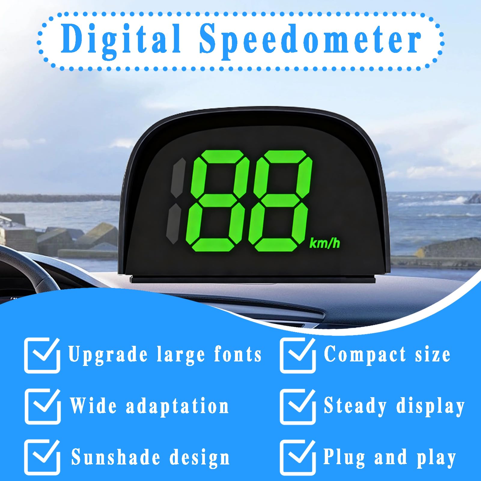 Tachimetro GPS digitale per display HUD auto, indicatore di velocità auto con parasole, misuratore di velocità GPS preciso per auto, moto e scooter elettrici, display LED a grande schermo, plug & play