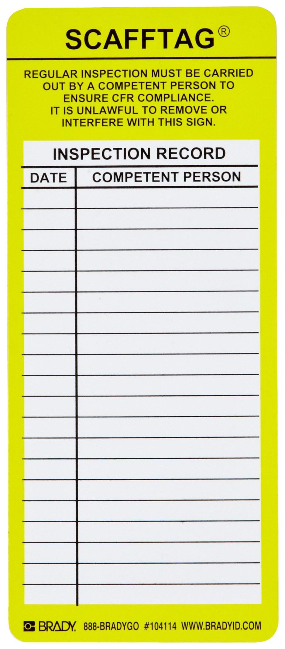 Brady SCAF-STSI594 7-5/8" Height, 3-1/4" Width, Polyester, Yellow Color Scafftag Caution Inserts (Pack Of 100)