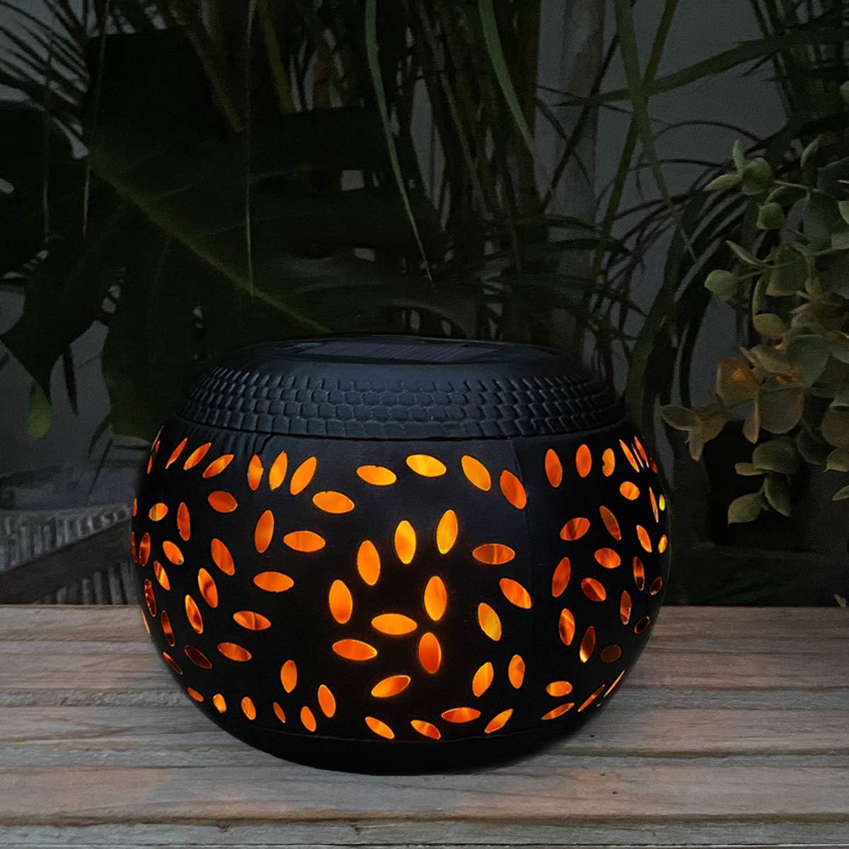 Solar Table Lantern Outdoor Waterproof-Dancing Flickering Flame Solar Powered LED Light,Black Metal Desktop Decorative Lamp for Gifts for Women Mom Desk Patio Garden Yard Decor