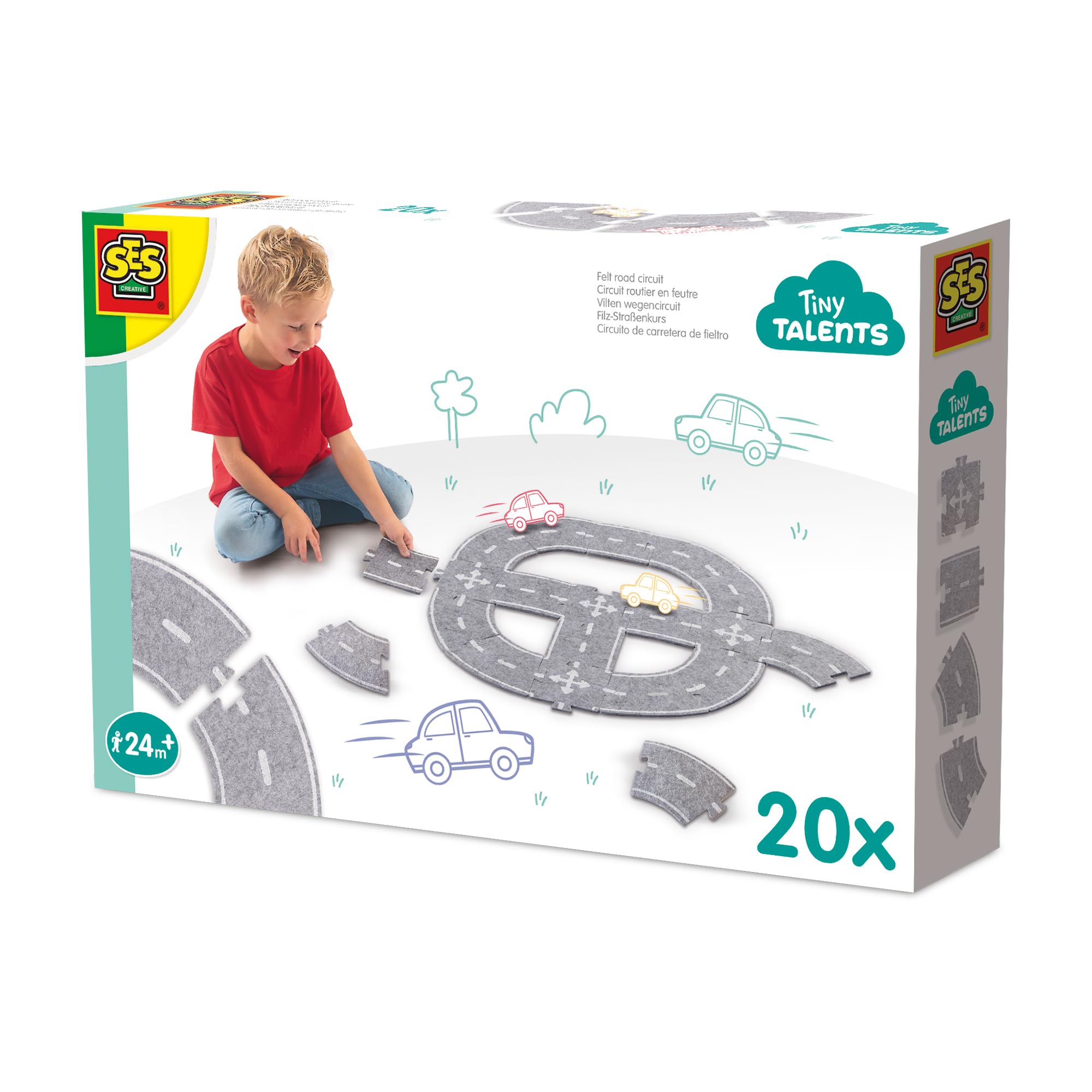 SES Creative 13151 Felt Road Circuit 20pcs - Creative Play Set for Kids Aged 24 Months+ - Build Your Own Road Network with 4 Straight Pieces, 4 Crossings, and 8 Curves