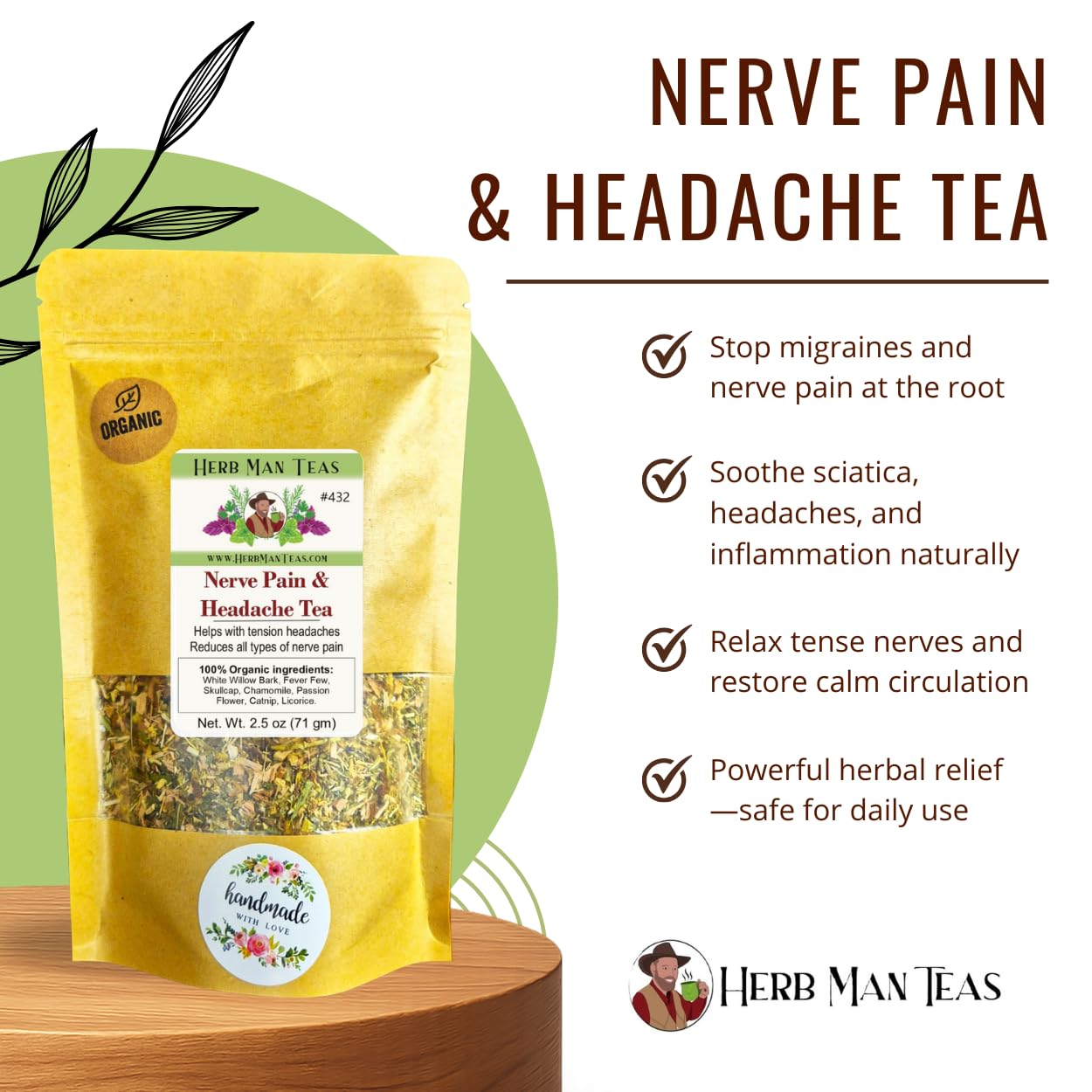 Migraine Relief Tea For tension headaches, Migraines, sciatica, and other nerve-related health issues formulated by master herbalist Khabir - Organic, Non-GMO, Made in USA