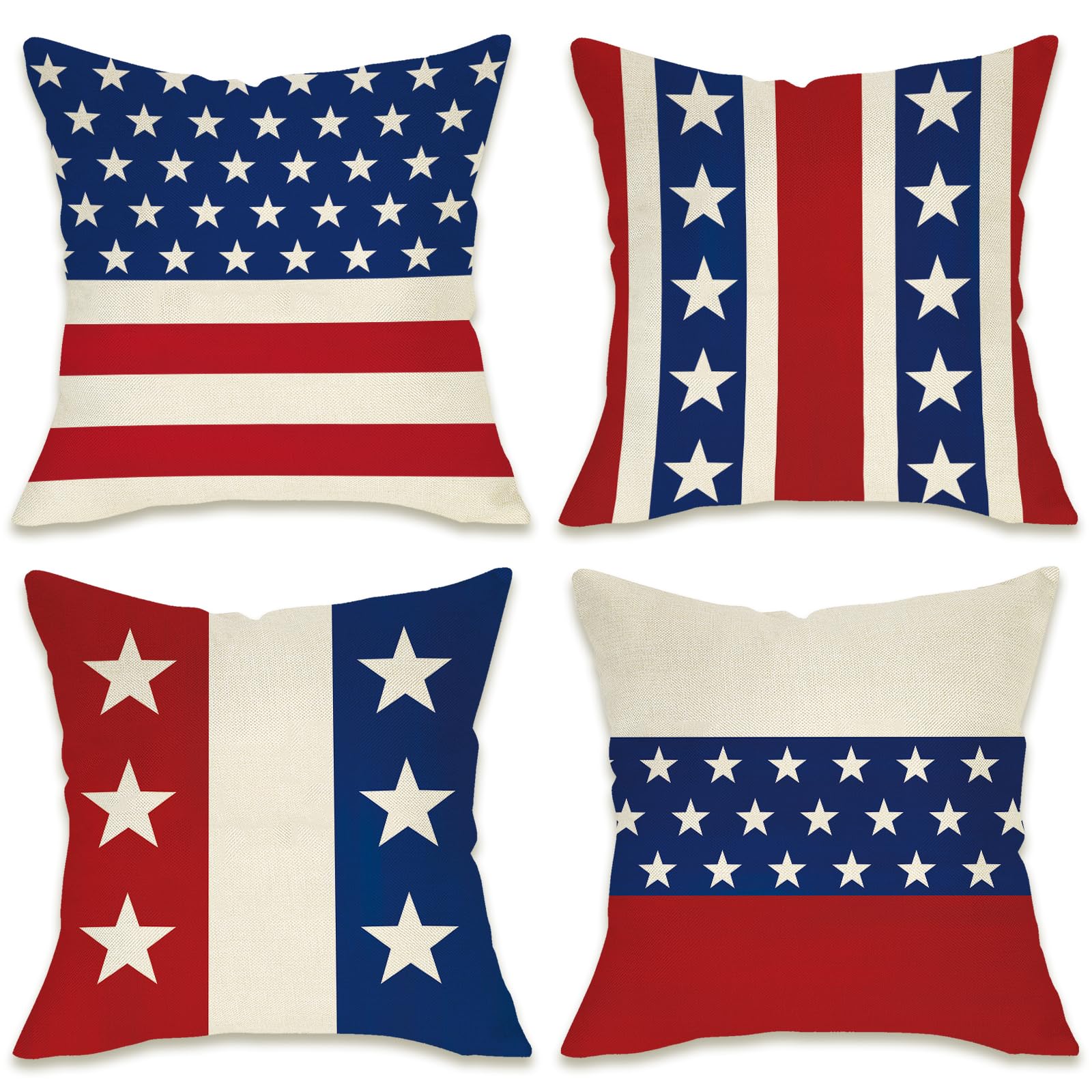 4th of July Patriotic Decorative Throw Pillow Covers 20 x 20 Set of 4, America USA Red White Blue Stripes Stars Porch Outdoor Pillowcase, American Independence Day Cushion Case Home Decor