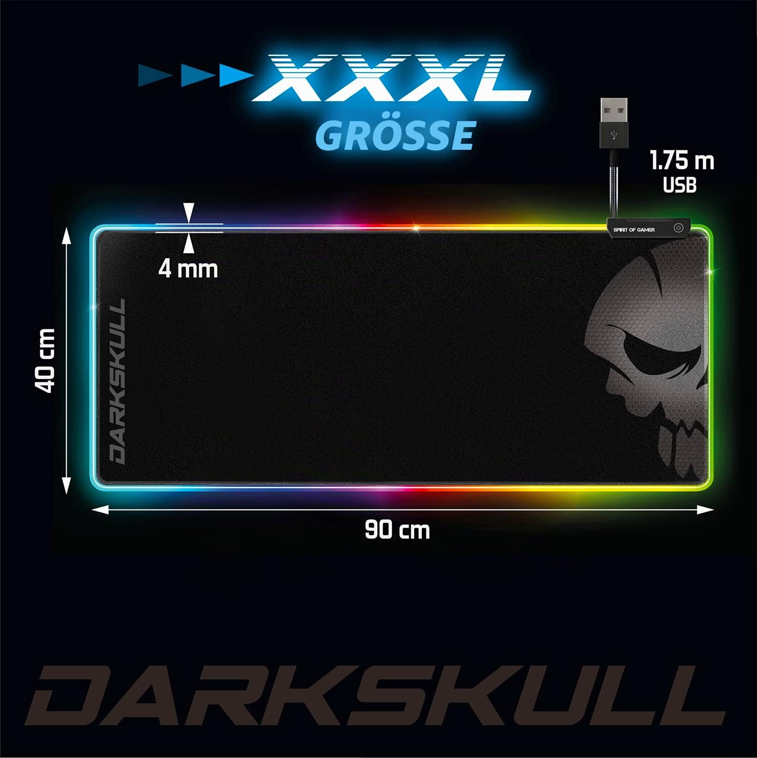 Großes Gaming Mauspad RGB XXXL (900x400 mm) + Hub mit 4 USB Ports inklusive | 12 Hintergrundbeleuchtungsmodi | Rutschfester Gummi Boden | Beleuchtetes LED Ergonomisches Gaming Mouse pad für PC