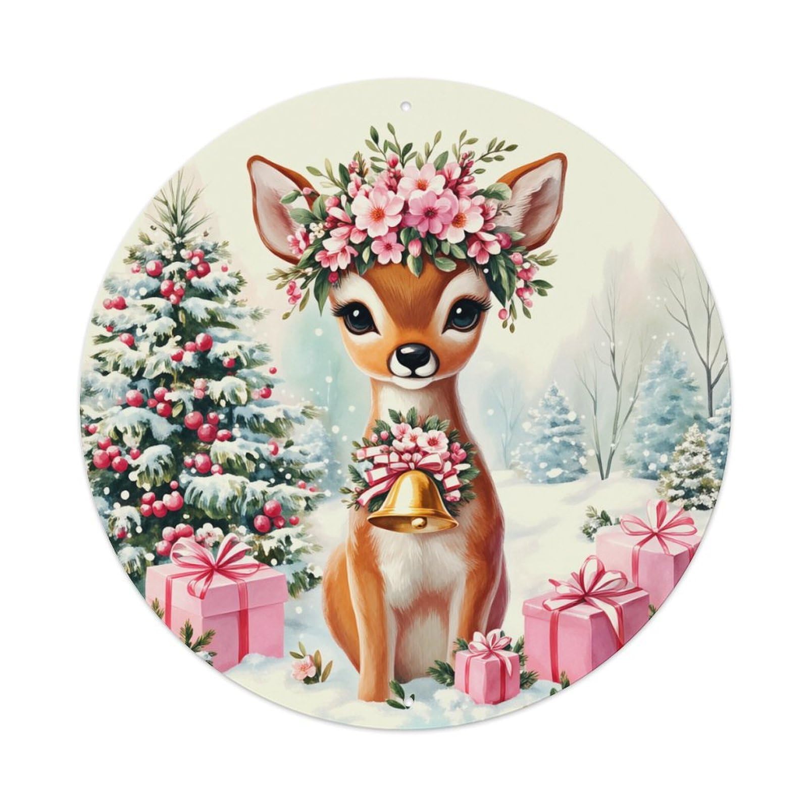 Christmas Deer Floral Bell Gift Round Tin Sign Vintage Metal Poster, Home Bar Garage Man Cave Cafe Indoor & Outdoor Wall Decoration 8x8Inches
