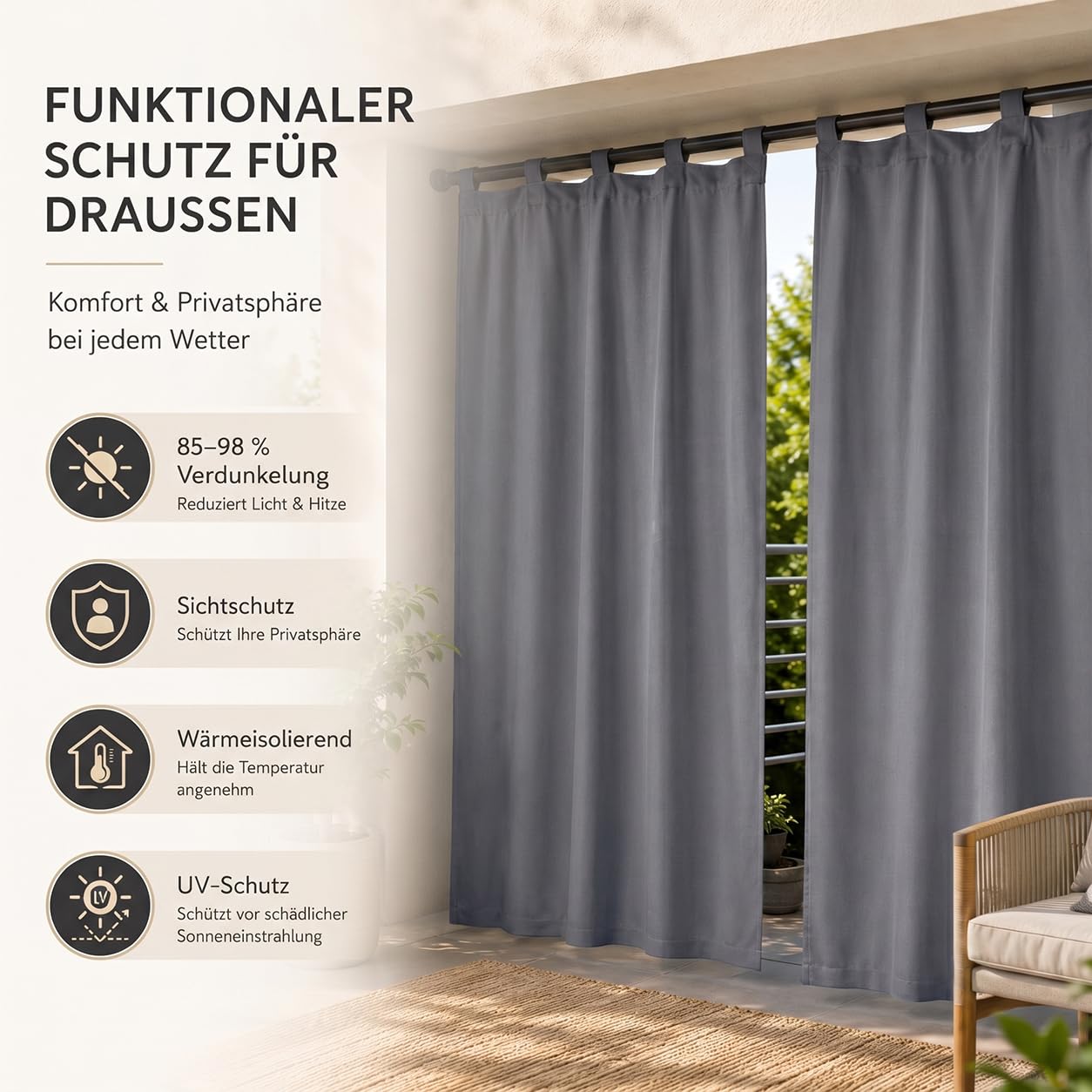 Outdoor Vorhang Wetterfest mit Abnehmbaren Schlaufen 2er Set | Außenvorhang Sonnenschutz Wasserdicht Sichtschutz für Garten Pavillon Pergola Terrasse Balkon (H274xB132cm, Dunkelgrau)