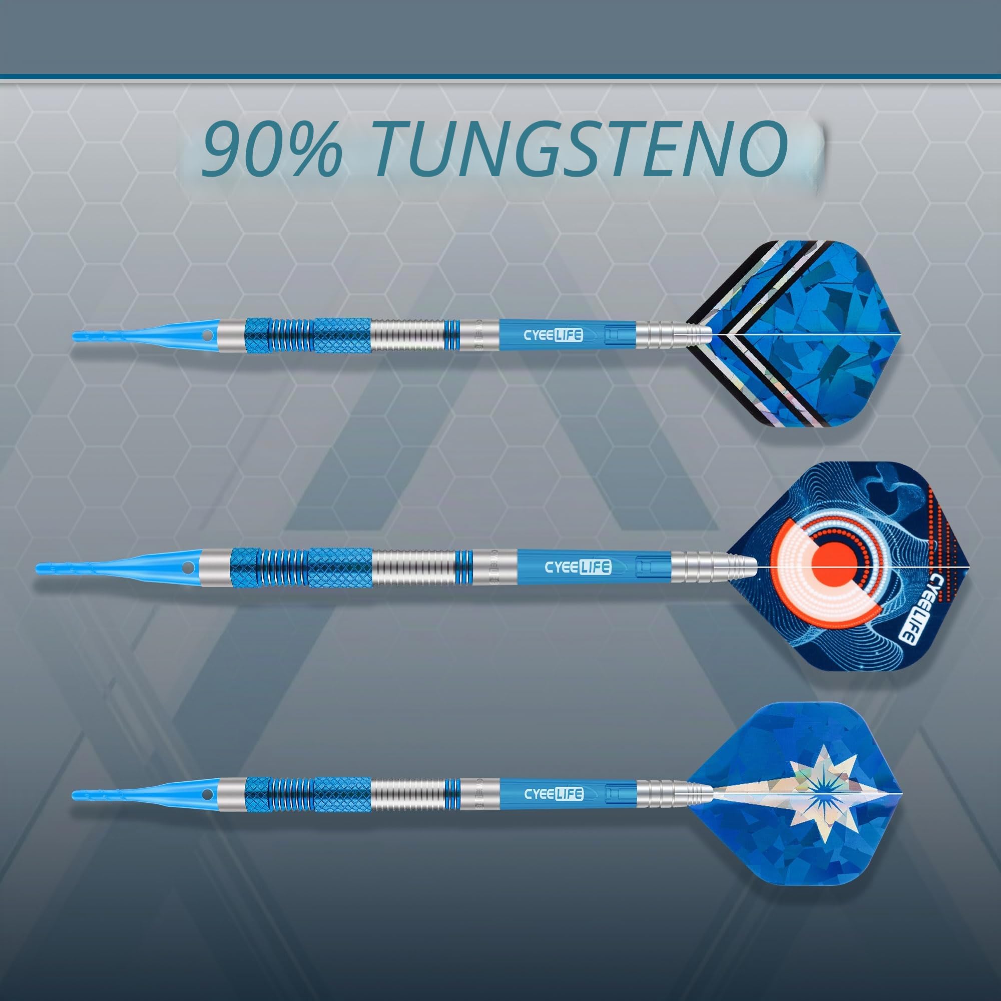 CyeeLife Freccette con Punta in plastica, 90% tungsteno, 3 Pezzi, 90% tungsteno, Freccette Professionali con volette, fusti e Punte (Blu)
