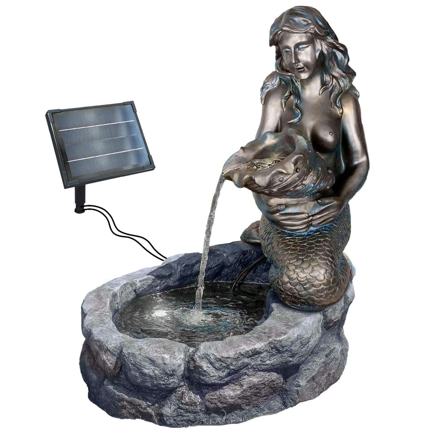 Solar Gartenbrunnen mit 5W Li-Ion-Akku-Solarpanel 9V 555mAh LED-Licht Teichpumpe Meerjungfrau Fördermenge 250l/h 60.000 Stunden für außen Terrasse, Balkon