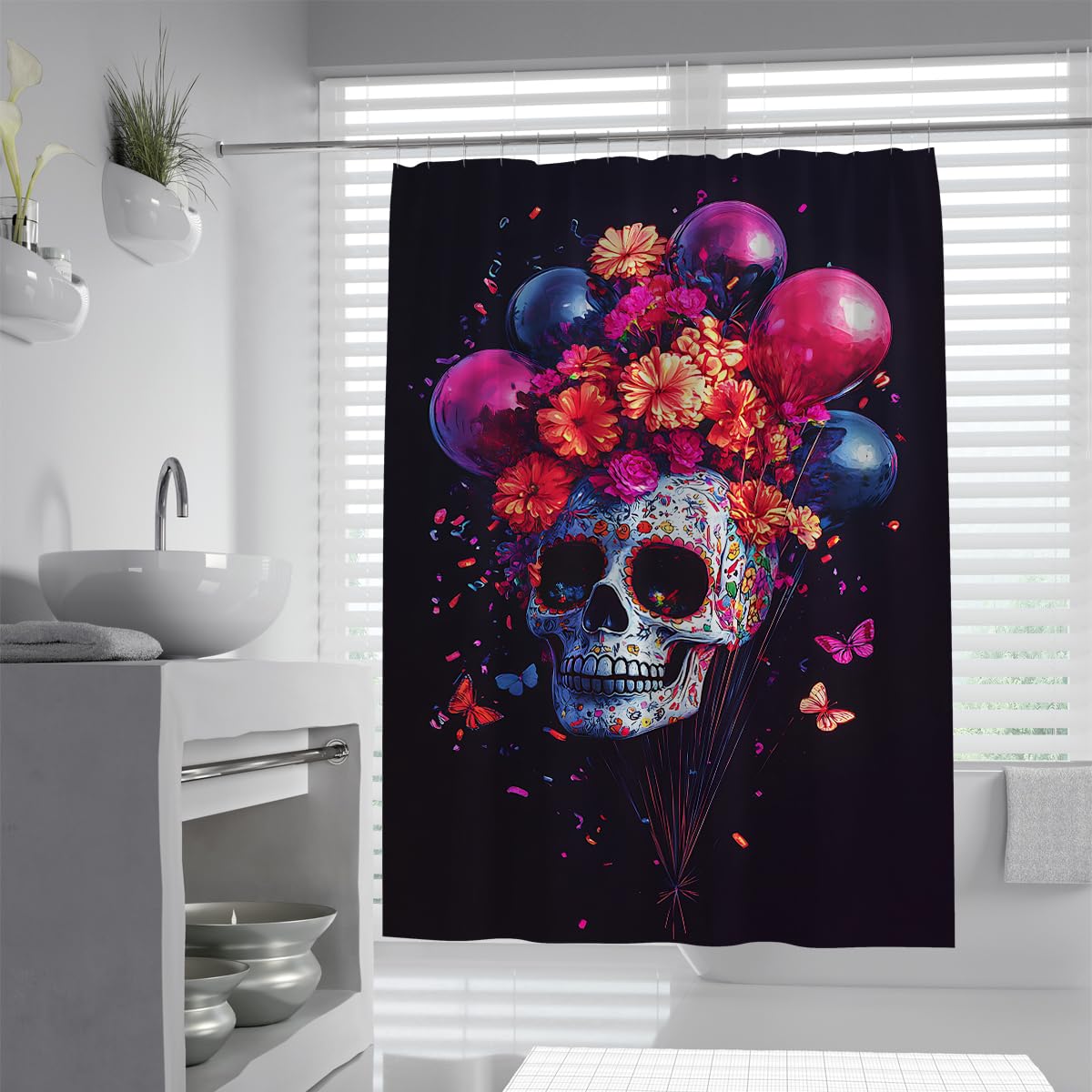 UIRINGART Colorful Sugar Skull Shower Curtain W120xL200cm Mexican Day of the Dead Balloons Flowers Butterfly Pattern Anti Mould Waterproof Bathtub Screens for Wet Room with Hooks