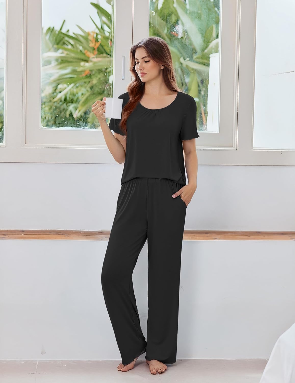 Ekouaer Womens Pajama Sets Viscose from bamboo Lounge Set Soft Pajamas for Women Set Short Sleeve and Long Pants Sleepwear - Image 3