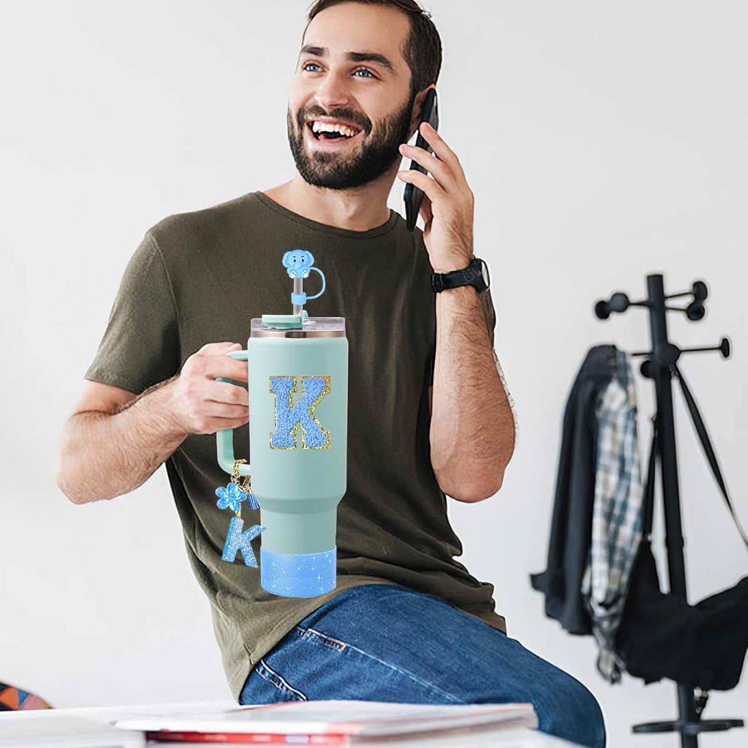 Cup Accessories Set for Stanley 30 oz 40 oz Tumbler with Handle, Including Initials Charms, Straw Cover Cap, Boot, Sticker, Silicone Spill Proof Stopper,Blue Decorate for Boy Girl - Image 5