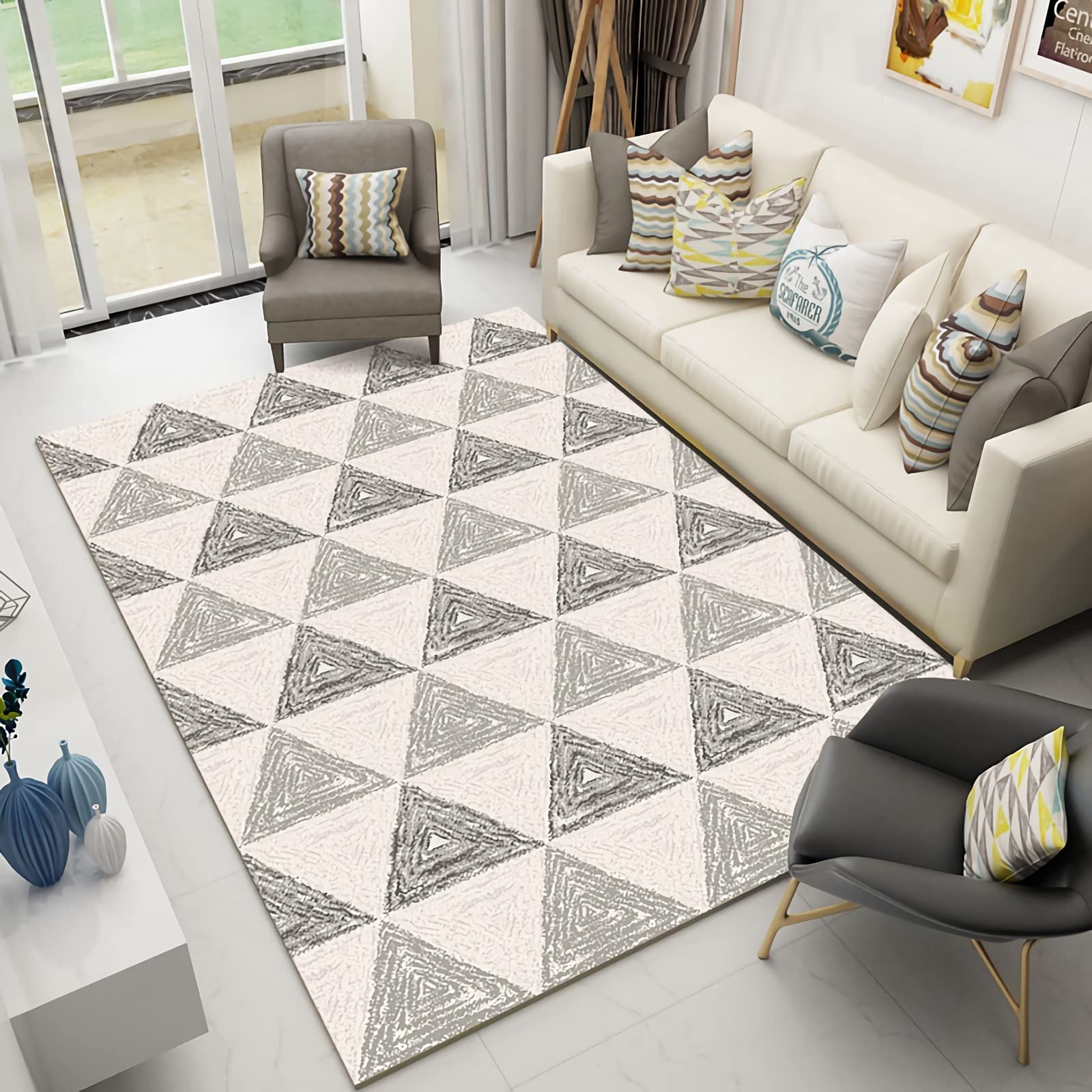 Tapis Tapis de Chambre ado décoration Chambre ado Fille Tapis de Salon à Motif de Triangle géométrique Graffiti Beige Gris est Doux et Durable Objet Deco Chambre 60x160cm