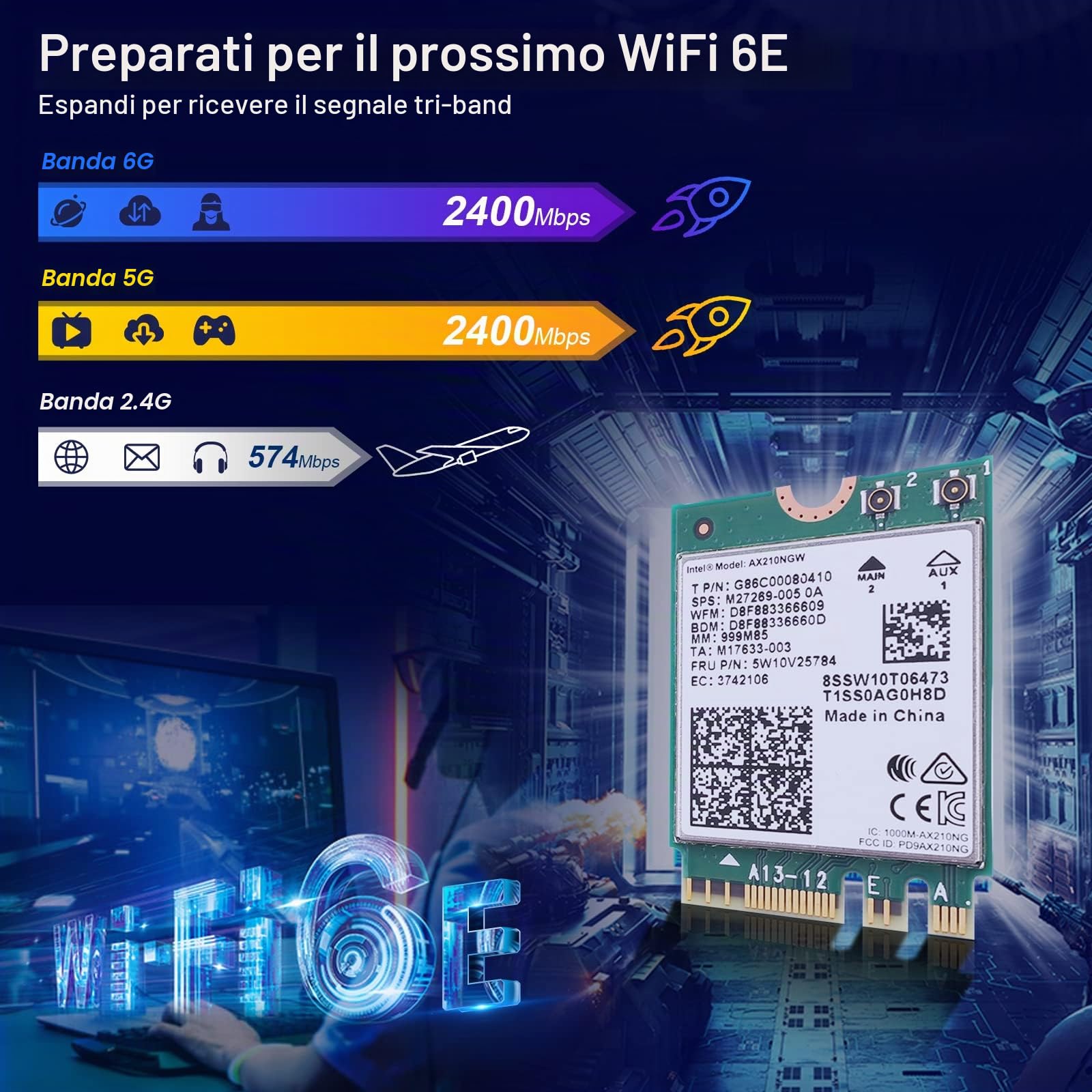 EDUP Scheda WiFi 6E Intel AX210 NGW, Bluetooth 5.3, adattatore di rete Tri-Band MU-MIMO, supporto Wi-Fi 6 GHz 11AX, compatibile con Windows 10/11 (64 bit) e Linux, M.2/NGFF