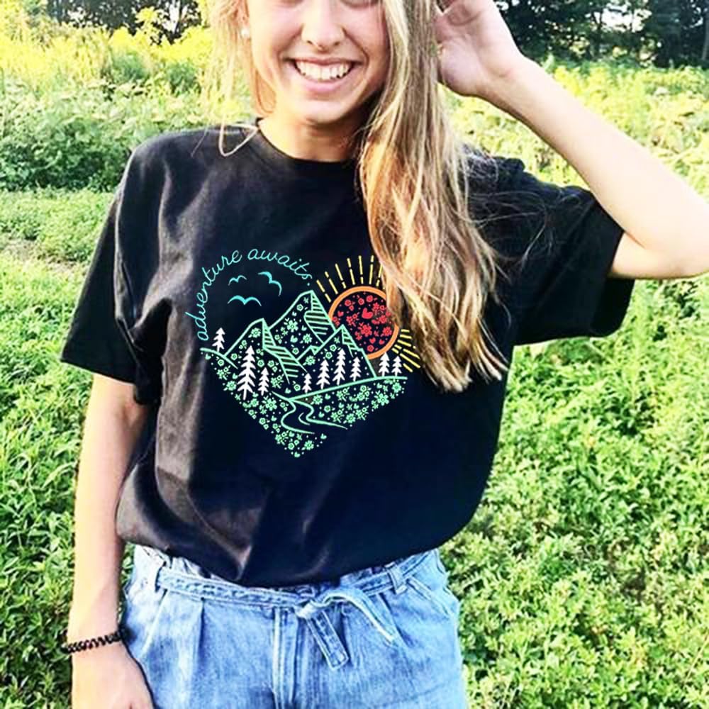 Women Adventure Awaits Outdoor Graphic Tee Shirt Kindness Heart Printed Hike Mountain Nature Travel Shirt Workout Tops - Image 5