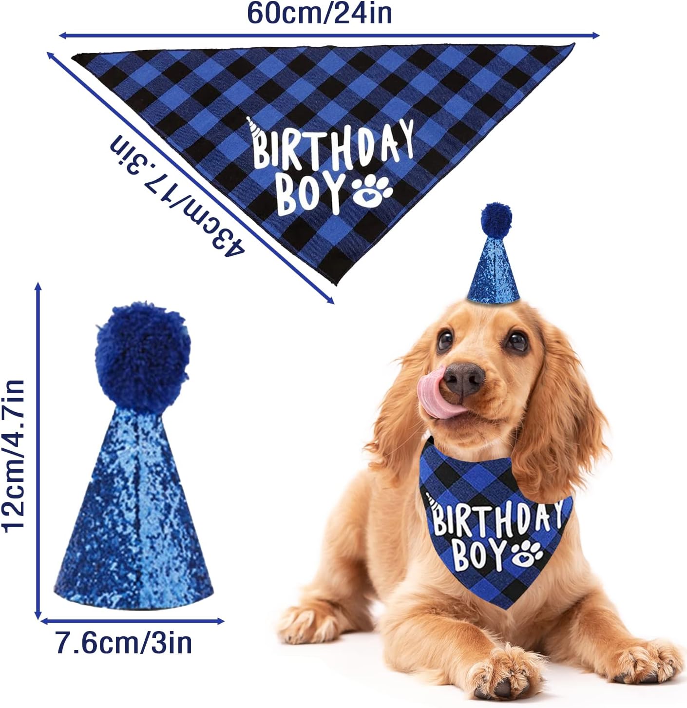 SUBTAVIK Dog Birthday Bandana & Hat, Blue, Cotton, Up to 22 Inch Neck, Small & Medium Dogs, Male, Festive, Birthday Boy Design, 2 Count - Image 4