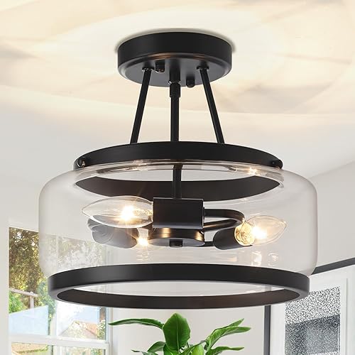 Miniatura 13 de Luz de techo de vidrio moderno en níquel cepillado, lámpara de techo de 3 luces en tambor de montaje semiempotrado, lámpara de entrada, lámpara de