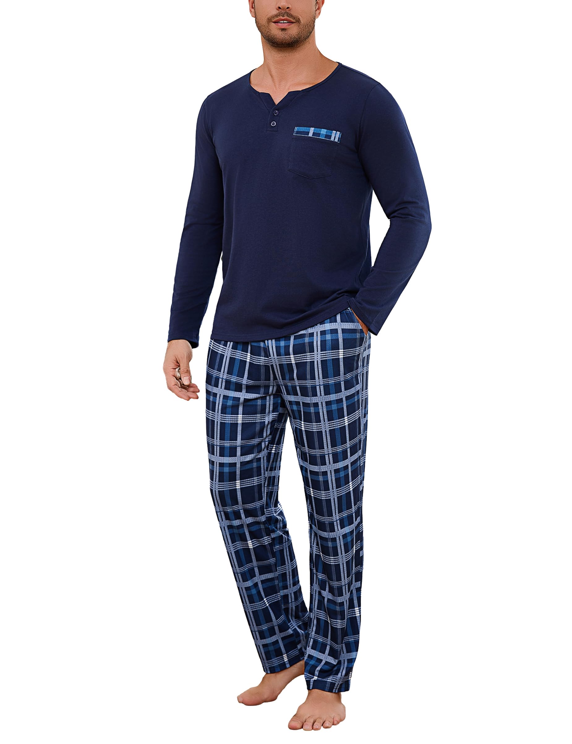 bresdk Men's Long Cotton 2 Button Pajama Set Two-Piece Sleepwear-picture-5