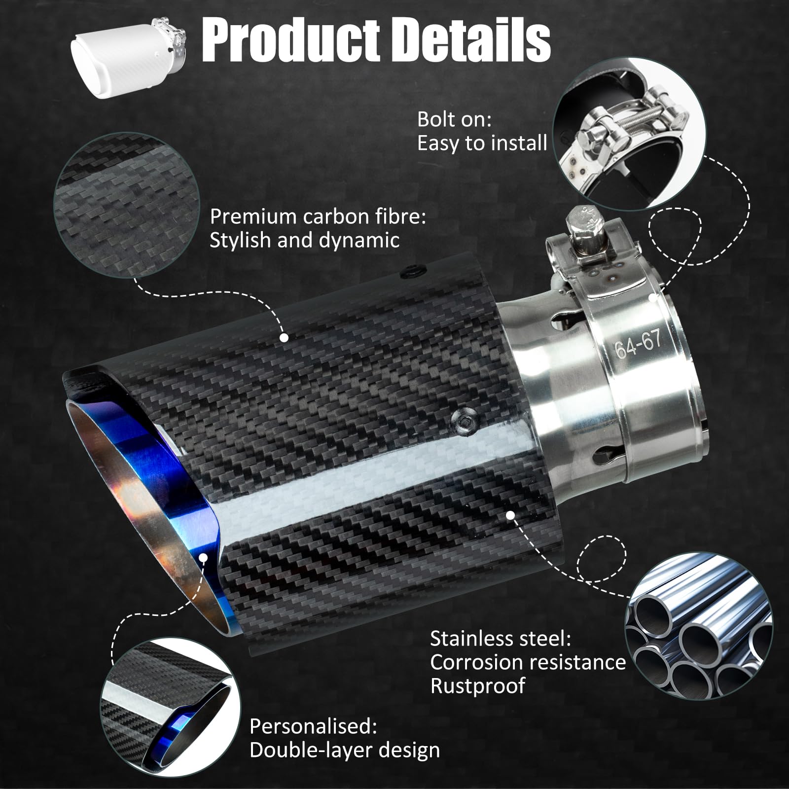 Catekro 63mm Cola de Escape Coche, Embellecedor Acero Inoxidable para Tubo de Escape 2,36" Punta de Escape Exterior Instalación con Pernos y Llave Incluida (Azul Negro Pulido)