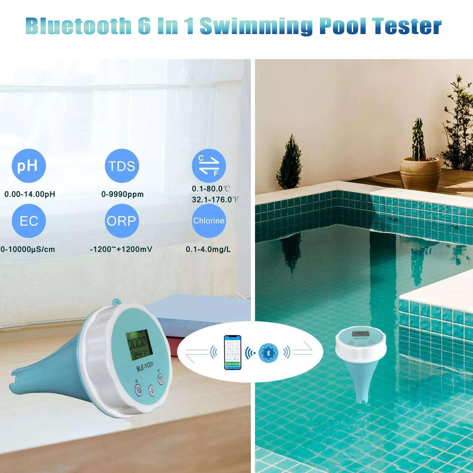 SYUFRE Medidor de Ph Bluetooth, Ip67 a Prueba de Agua Múltiples Pantallas en Una Pantalla PH EC TDS ORP Temp Residual Chlorine Water Tester Pen Sonda de Precisión para Agua Potable Piscina Acuario