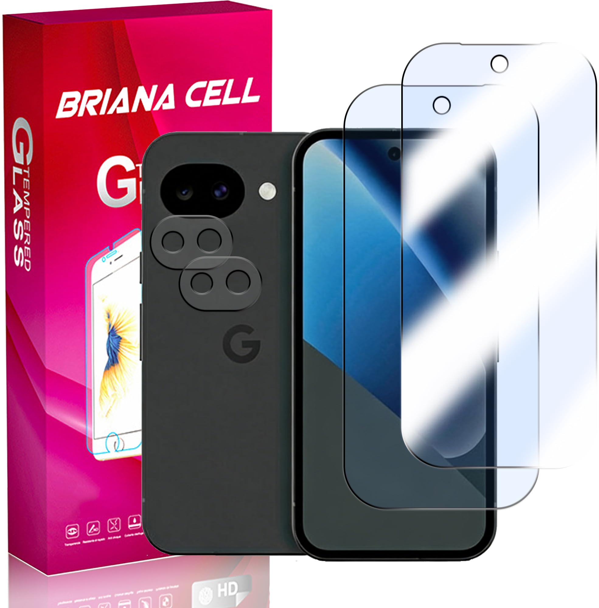 Briacicell【2+2 枚セット ブルーライトカット】For Google Pixel 10A ガラスフィルム (2枚) ＋Google Pixel 10A カメラフィルム (2枚)【日本旭硝子素材製】強化ガラス 保護フィルム 9H強度 撥油性 超耐久 高光沢 超薄型 指紋防止 衝撃吸収 高透過率 飛散防止 貼り付け簡単 気泡なし 極薄 超高質感
