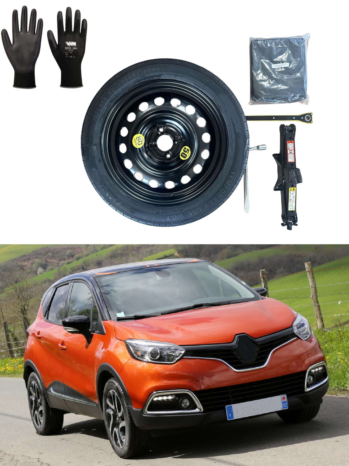 Kit Roue de Secours 16" Compatible avec Renault Captur 4 Trous (2013-2019) avec Cric, Clé, Gants et Sac 125/80r16