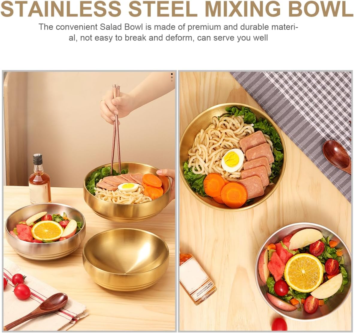 CALLARON Stainless Steel Bowls 34oz - Large Gold Serving Bowl, Kitchen Decorative Golden Bowl for Salad, Mixing, Soup, Pasta, Fruit, Baking, Cereal, Desserts, Dishwasher Safe, 7.5 x 6.5 inch