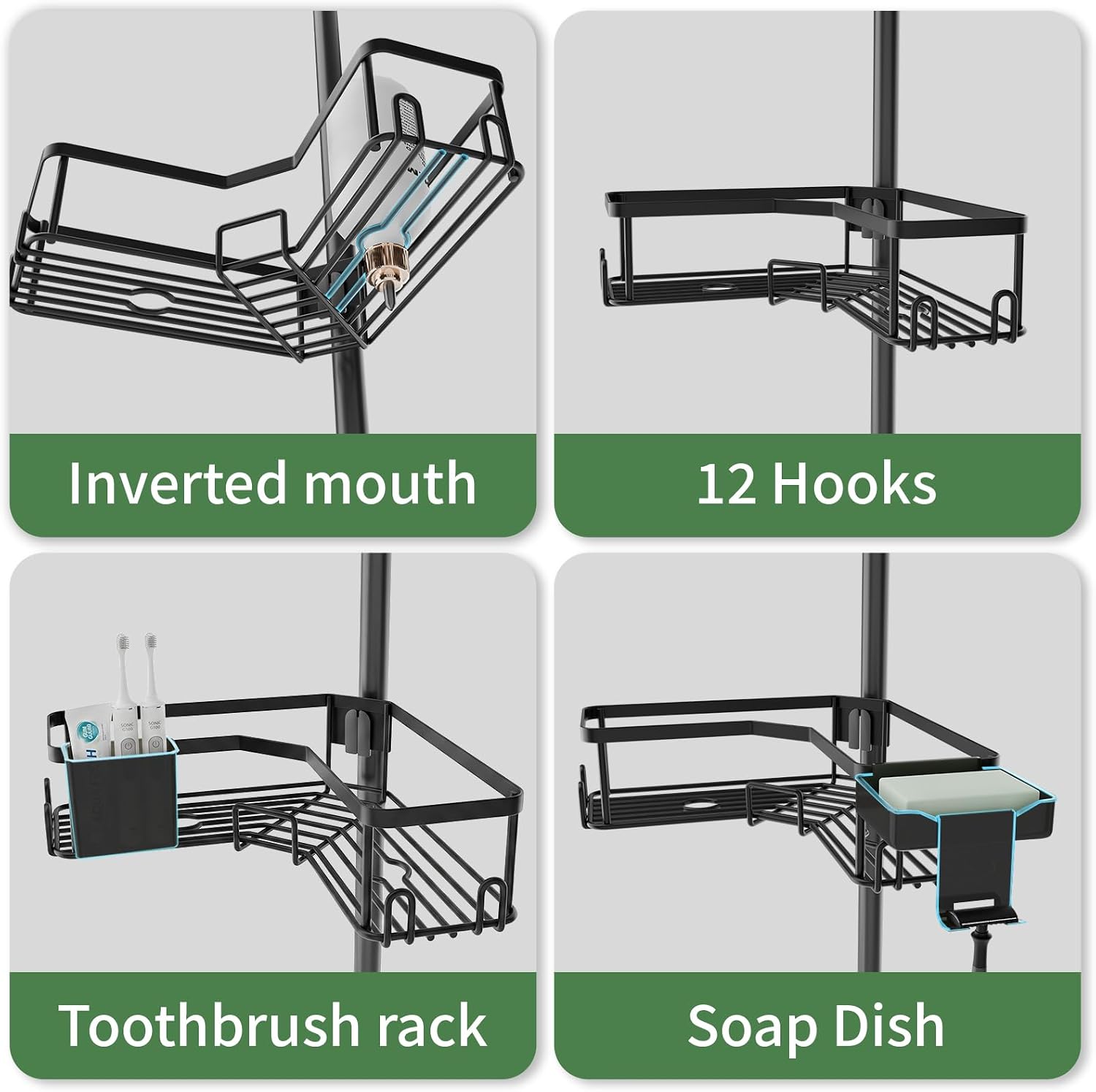LEEDA Corner Shower Caddy Tension Pole, 4-Tier Adjustable Floor to Ceiling Bathroom Organizer， No-Drill Stand Storage Rack with Soap/Toothbrush Holder for Renters - 34-125 In Black