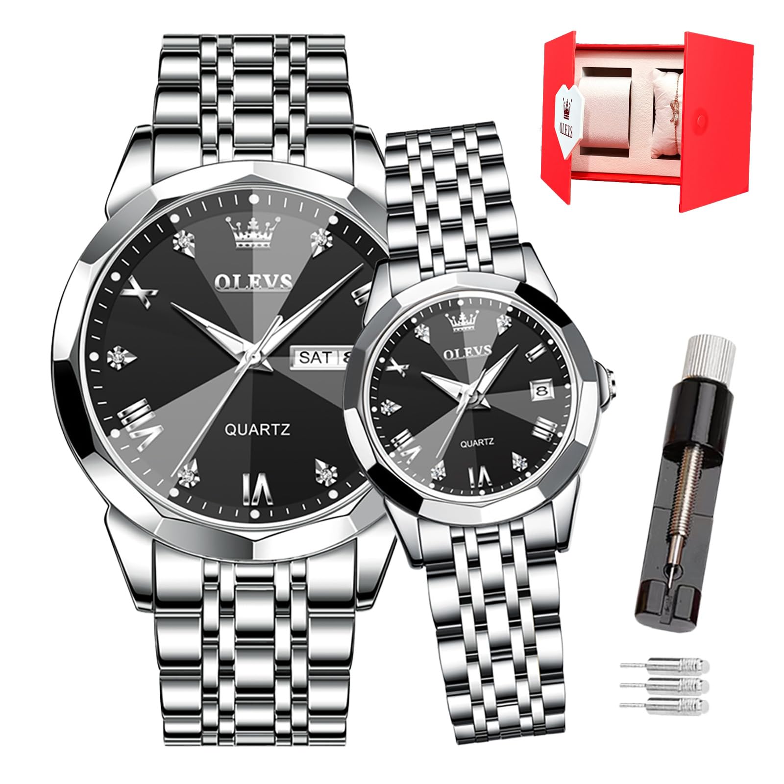 OLEVS Valentines Paar Quarzuhren, 3 ATM wasserdicht, leuchtender Kalender, Datum, lässige Edelstahl-Armbanduhr für Sie und Ihn, für Männer, Frauen, Liebhaber