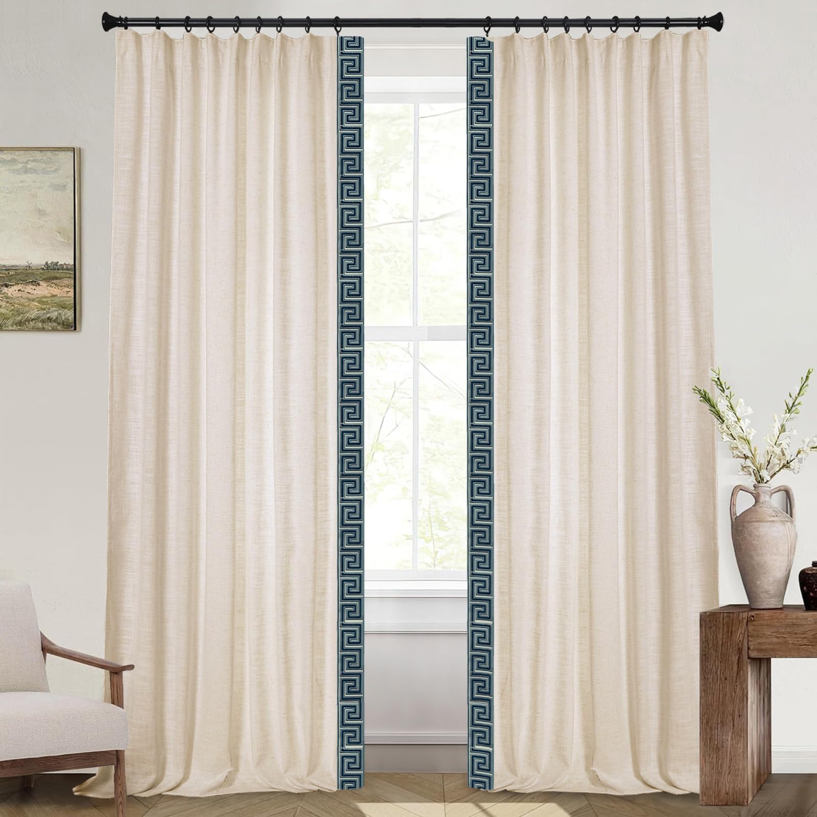 DotheDrape Blackout Linen Curtains, Greek Key Tape Trim Drapes for Bedroom, Living Room, 40 Width 90 Inch Long, Sand Beige, 1 Set