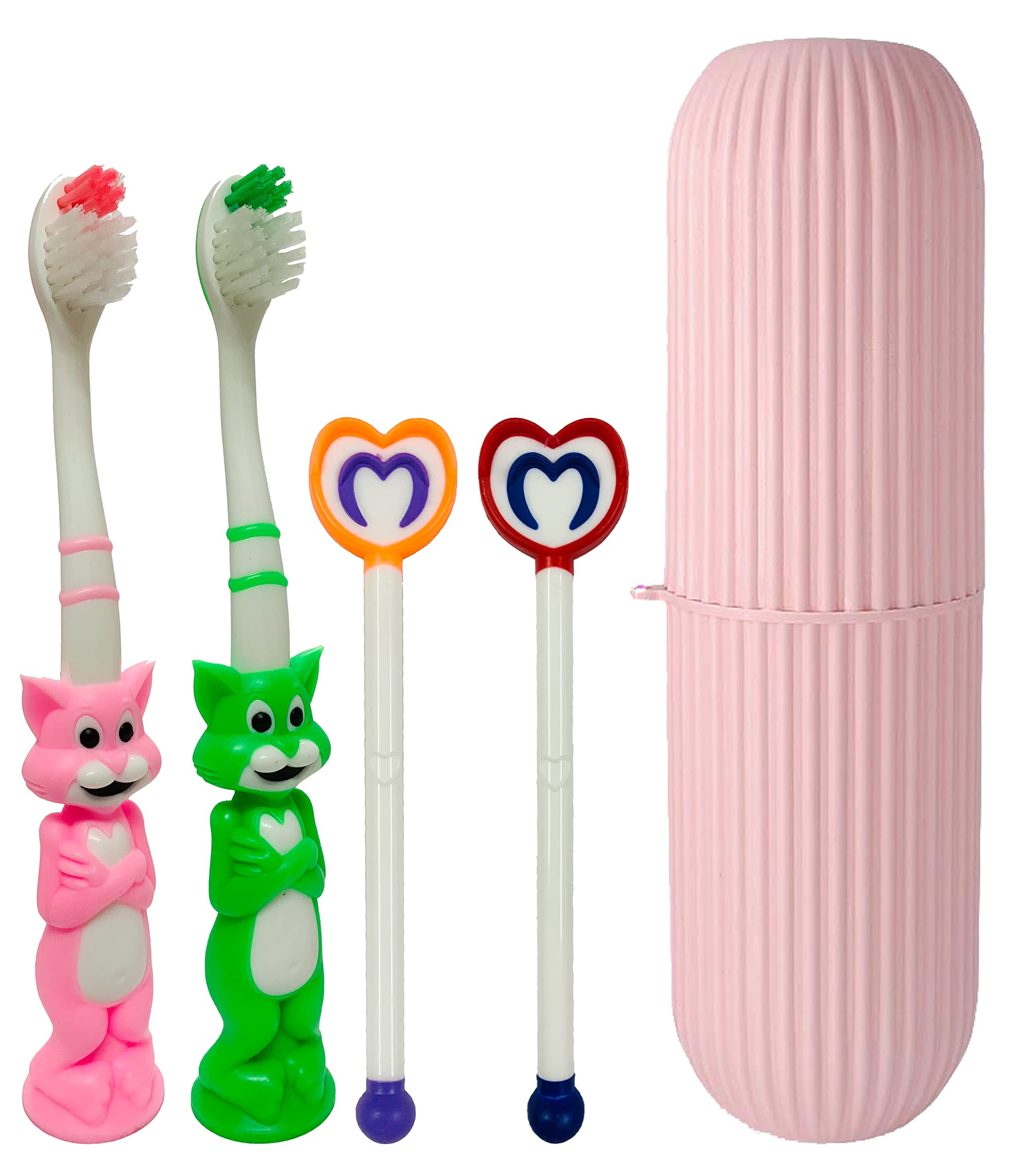 Pack of 4 Baby Kids Tooth brush & Tongue cleaner with travel capsule holder, Portable capsule Toothpaste plastic storage Flexible design special, Manual, Multicolour
