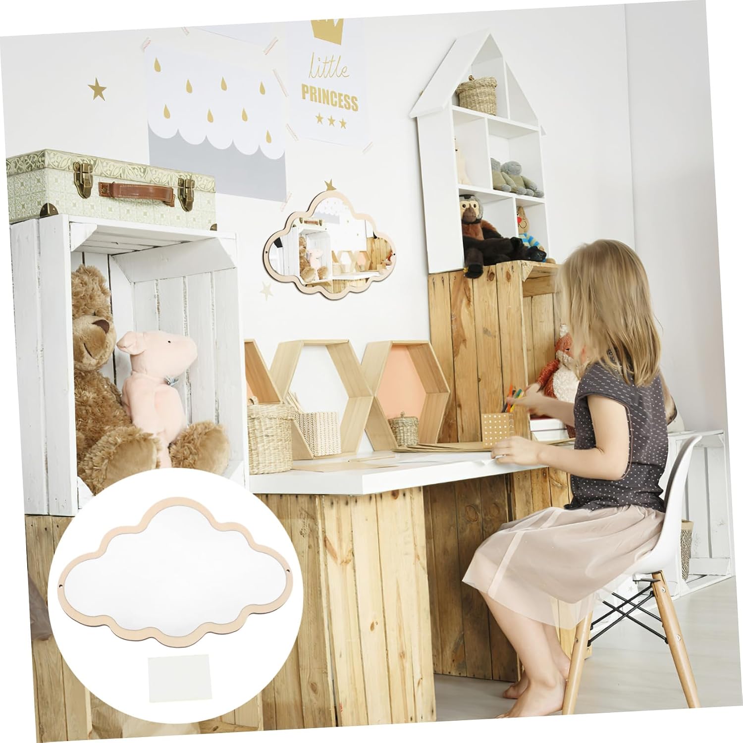 Garneck Wooden Cloud Mirror for - Decorative Children's Mirror for the Bathroom - Children's Room or as a Make-up Mirror - Ideal as Decoration and for Small