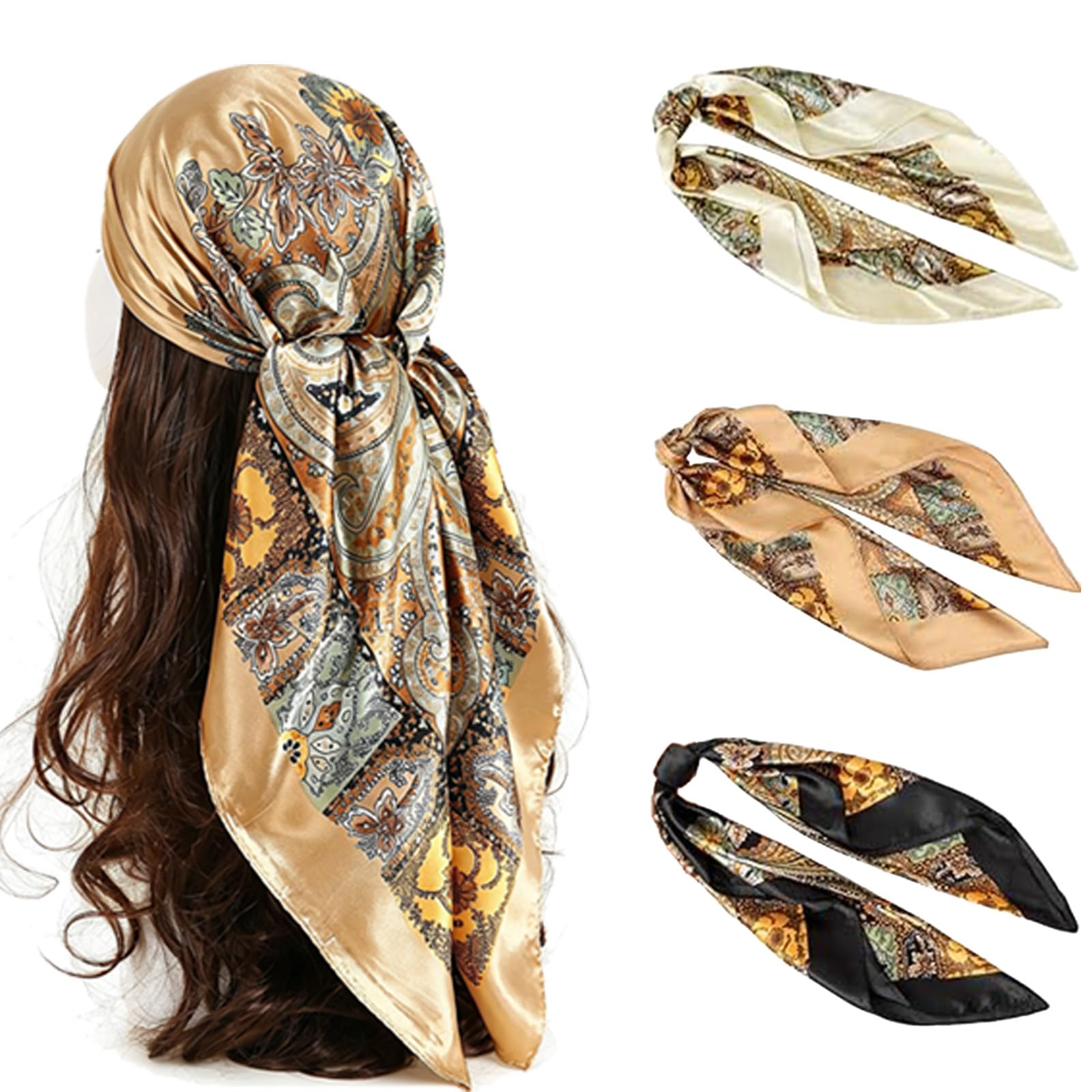 Scarf for Women Stylish, Bandanas for Women, Vintage Print Head Scarf for Women with Summer Beach Design, Set of Three Scarves in Black Beige Cream Colors, 90*90 cm Size for Multiple Occasion Use-image-7