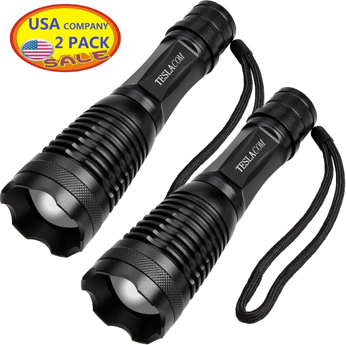 18650 LED Flashlight 2 Pack Super Bright 1000 Lumens Outdoor Indoor High Power Cree T6 Zoomable Tactical Torch Military Grade Adjustable Focus 5 Light Modes Water Resistant by TESLACOM