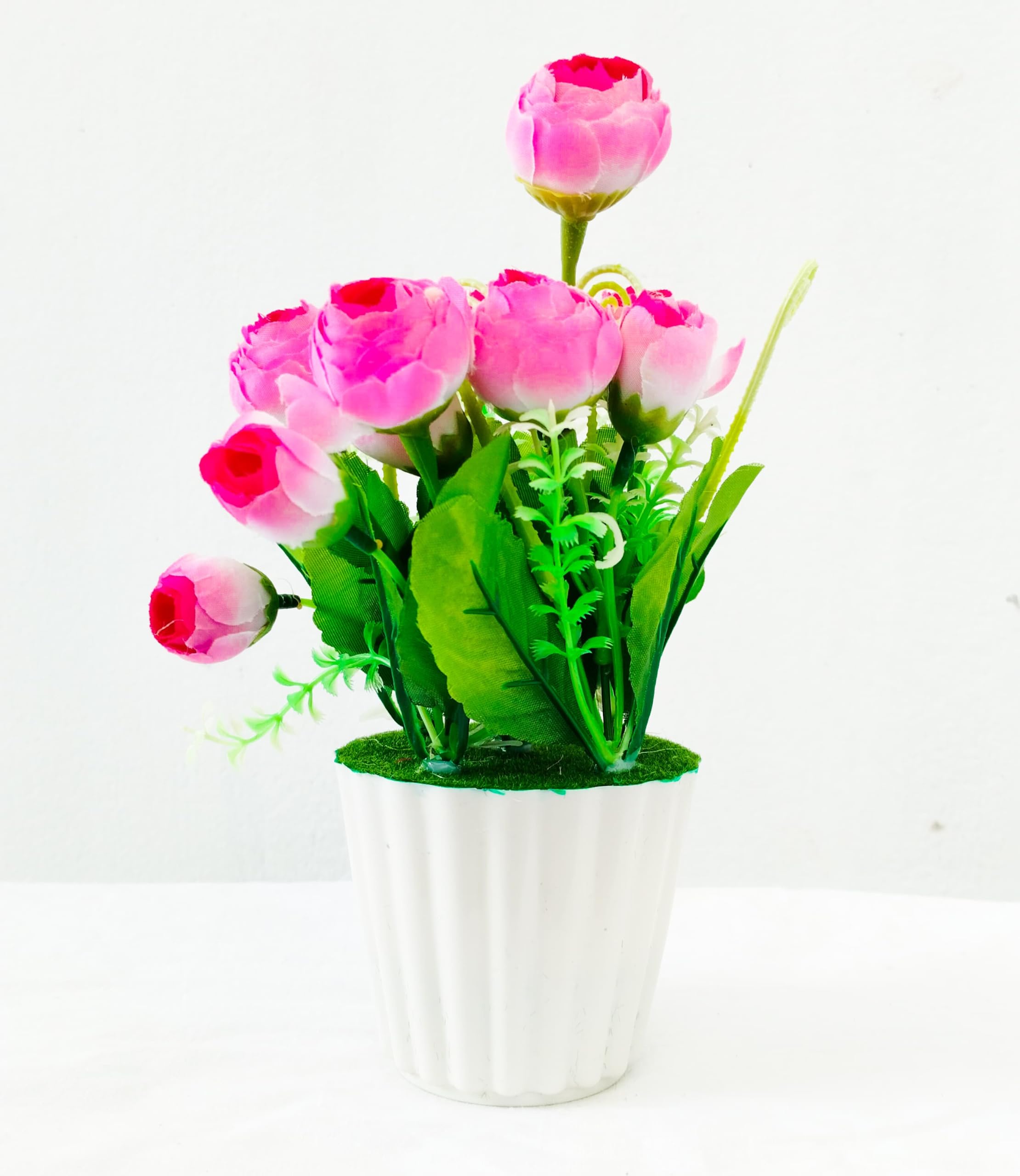 Artificial Pink Camellia Rose Flower Pot Bunch with White Ribbed Planter for Home Decor, Living Room, Office Desk, Centerpiece, Washbasin & Gifting (Soft Pink & White)-image-28