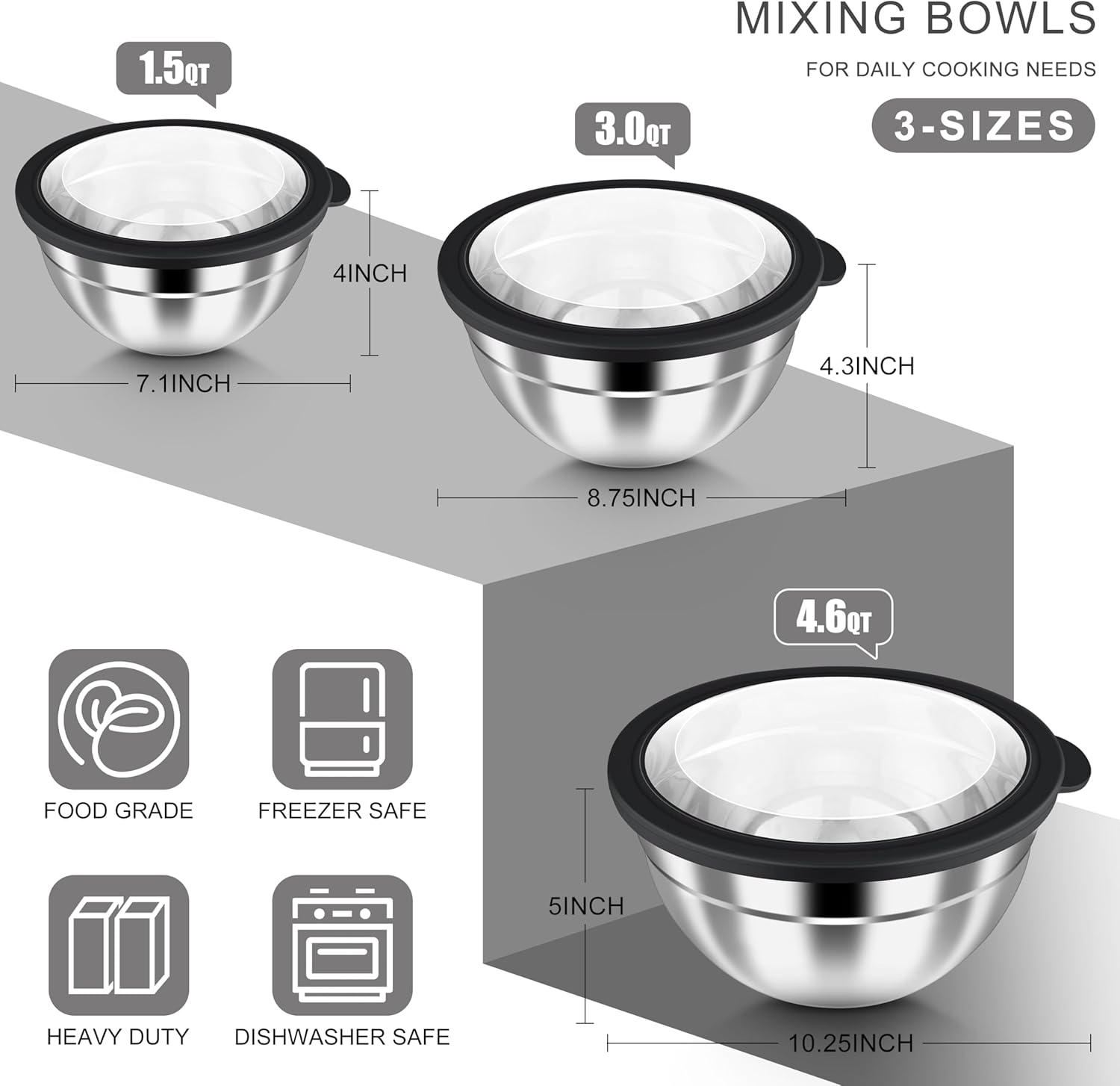 HaWare Mixing Bowls with Airtight Clear Lids, 6-Piece Stainless Steel Strong Nesting Bowls Set, Metal Salad Bowl for Cooking, Prepping, Baking, Serving & Food Storage, Size 4.6, 3, 1.5QT, Black - Image 2