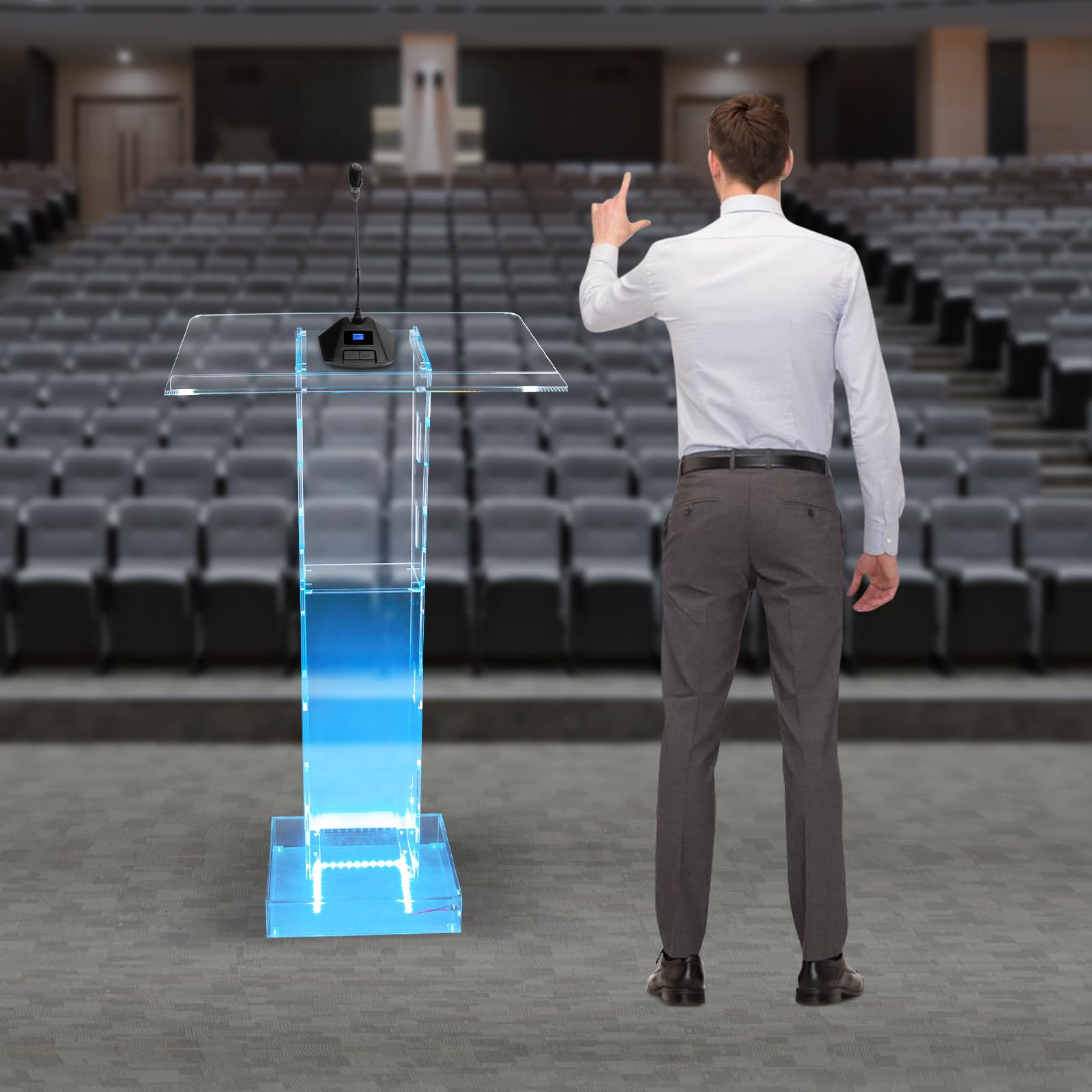Podium - Leggio da scrivania in piedi, con luce LED blu, per scuole, chiese, messaggi, matrimoni, discorsi, podio