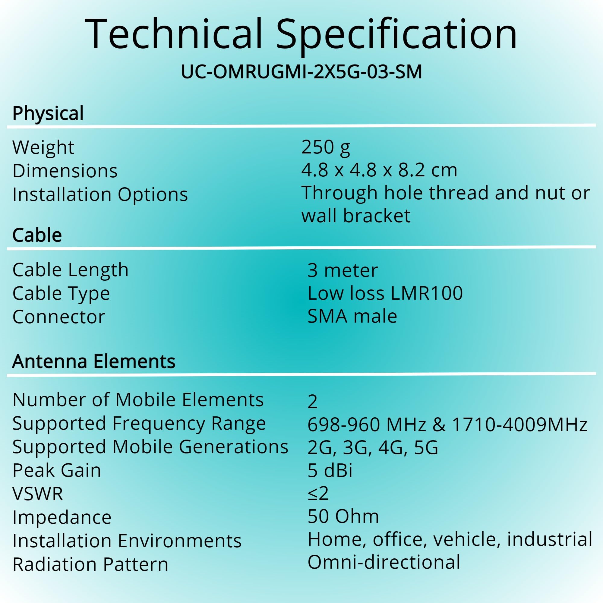 Antenne Robuste à Double entrée 4G/5G avec câbles LMR100 de 3 mètres et connecteurs SMA mâles. Antenne LTE Robuste 2x2 intérieure ou extérieure. O2 Vodafone EE Three (antenne, Support et ada